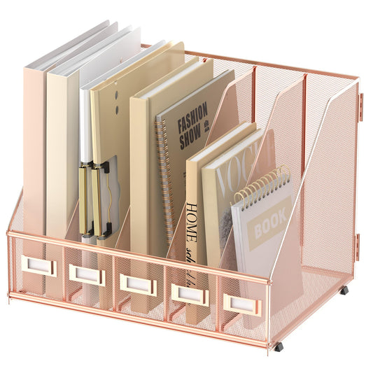 SUPEASY Desk Organizers Metal Desk Magazine File Holder with 5 Vertical Compartments Rack File Organizer for Office Desktop, Home Workspace, Rose Gold