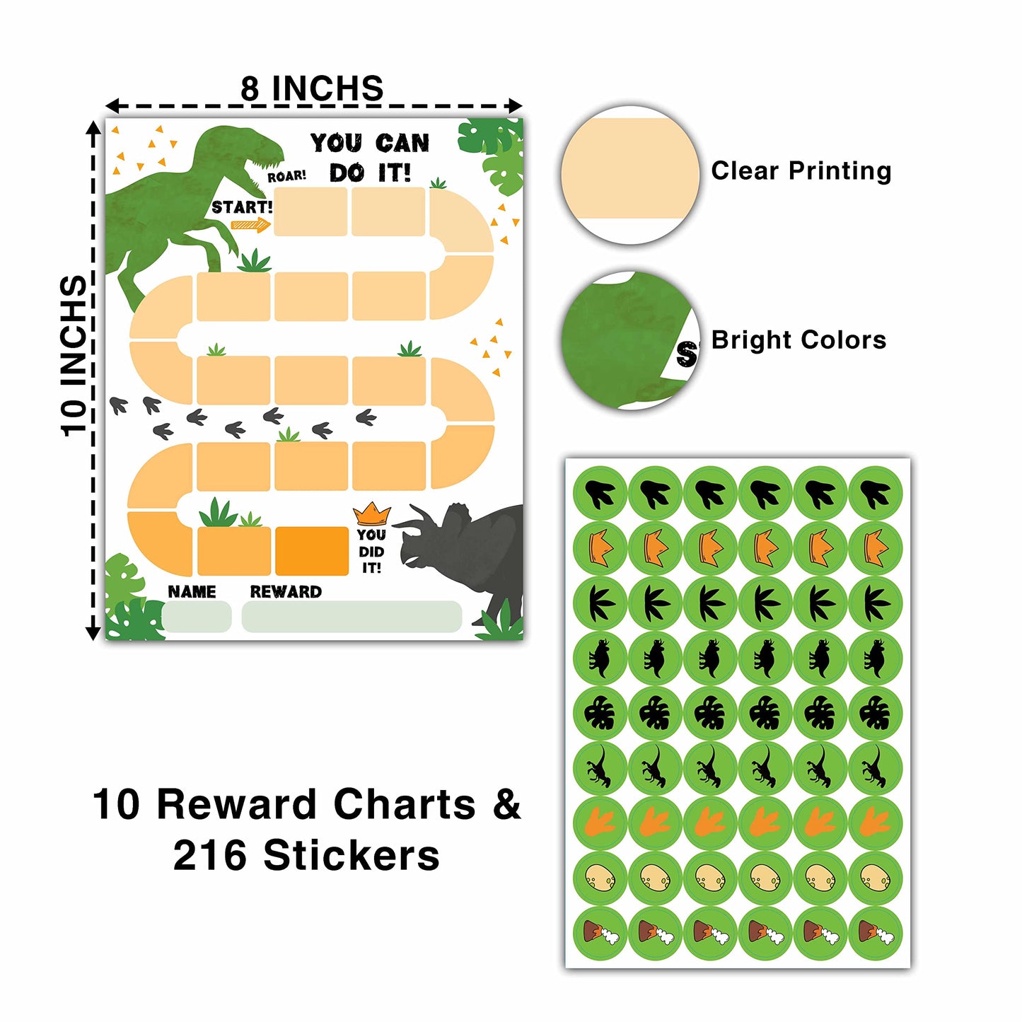 10 Dinosaur Reward Chart with 216 Round Stickers, Incentive Behavior Chart for Kids at Home Classroom, Kids Routine Daily Chore Sticker Chart-A09