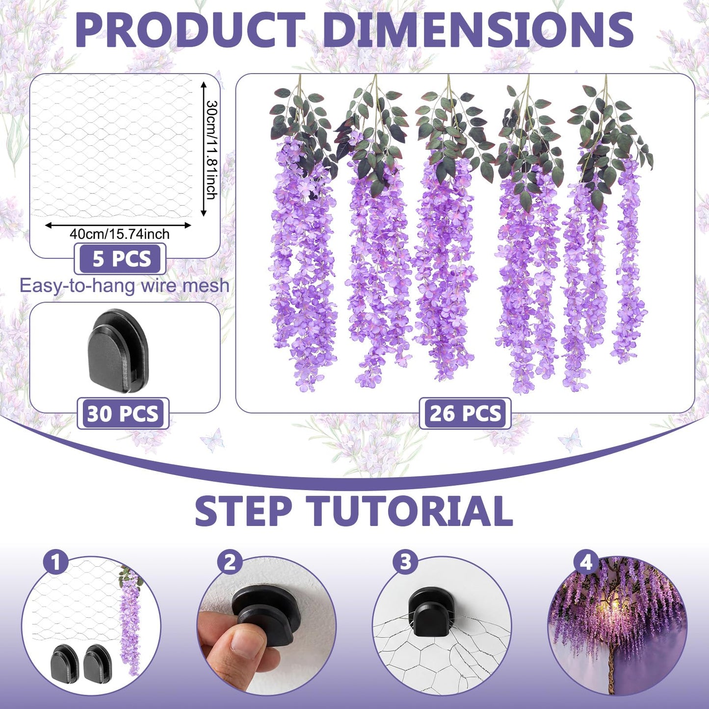 Giegxin 26 Pcs 3D Wisteria Tree for Classroom Room Ceiling Wall Decor Bulletin Board Large Wisteria Garland with 5 Metal Mesh Panel Artificial Fake Hanging Flower Wedding Backdrop(Purple)