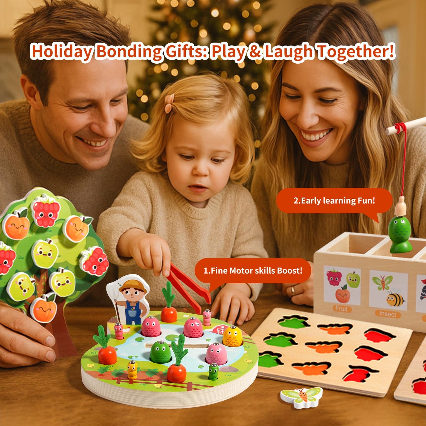 INIFEIDALA Montessori Toys for 3 4 5 Year Olds | Birthday Gifts for Boys & Girls, Wooden Educational Toddler Toys, Shape Sorting, Carrot Harvest & Magnetic Fishing Game – Fine Motor Skills Development