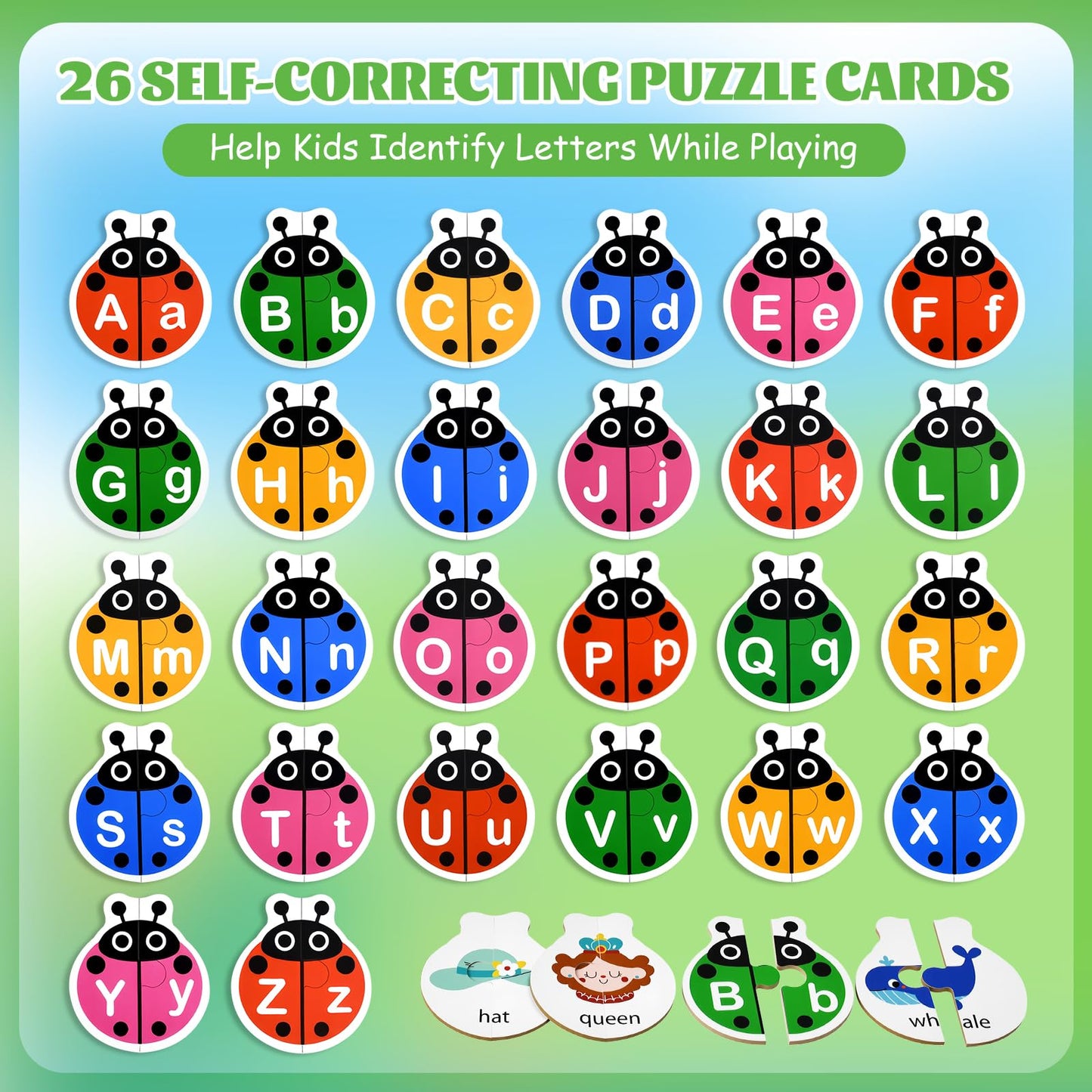 GAKICO Ladybug Self Correcting Alphabet Puzzle: Letter Matching Games for Toddlers 3-5, 52pcs Double-Sided Montessori ABC Puzzles Cards Preschool Learning Activities Educational Toy Gift for Kids