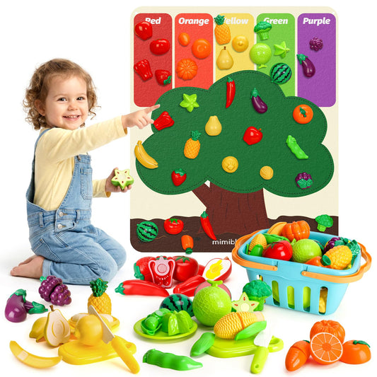 SOCBTNSO Pretend Play Food Set with Felt Tree Mat & Storage Basket: Kitchen Accessories Toys| Fruit and Veggie Sensory Toy| Montessori Color Sorting| Gift for 3 4 5 6 Year Old Toddlers Kids Boys Girls