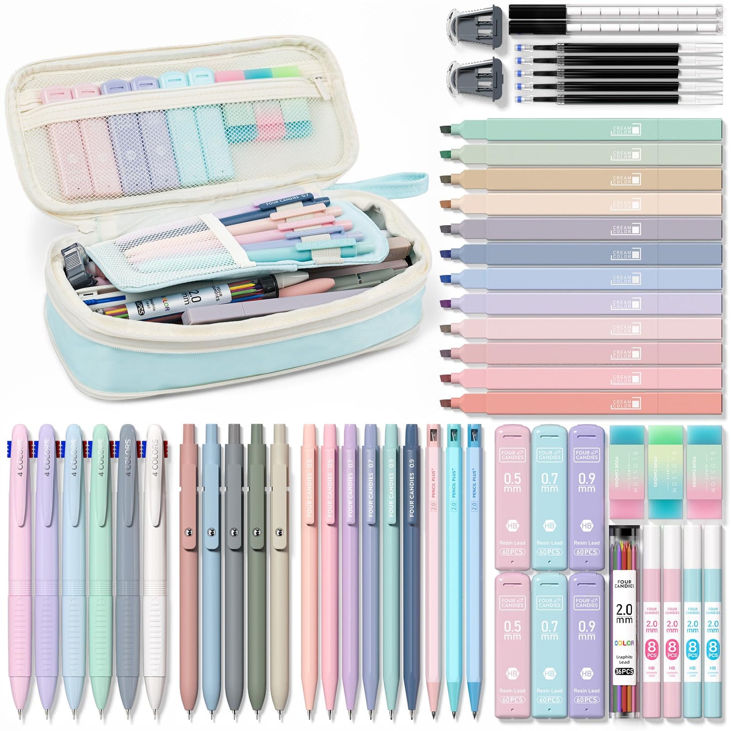 Four Candies 56 PCS Stationery Set, Cute Storage Case with Supplies, 6 Multicolor Pens, 12 Pastel Highlighters, 5 Gel Pens Black Ink, 9 Mechanical Pencils for College Essentials Stuff (Blue)