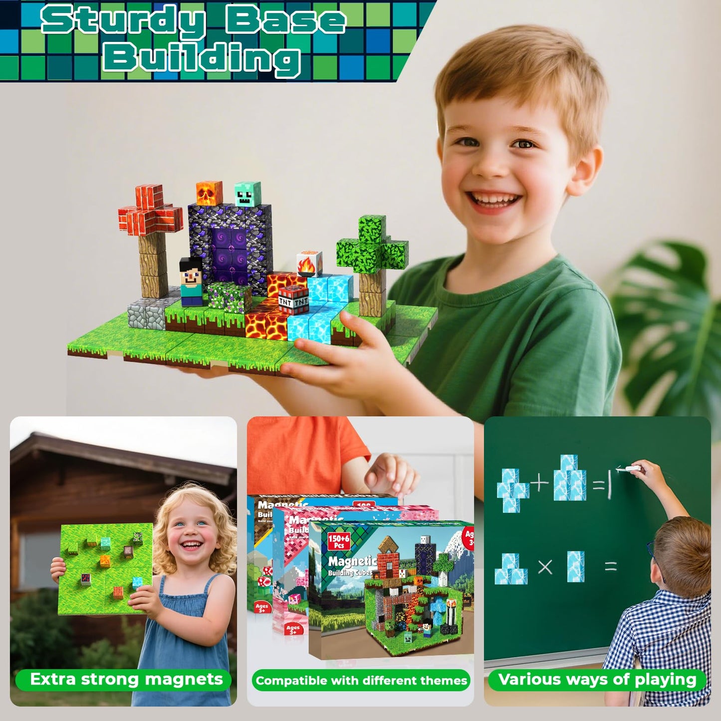 150PCS Magnetic Blocks with 6 Base Plate - Building Blocks Cubes for Kids Ages 4-8, STEM Magnet Building Toys Boys Girls, Christmas Birthday Gifts Preschool Educational Learning Toy for 3+ Years Old