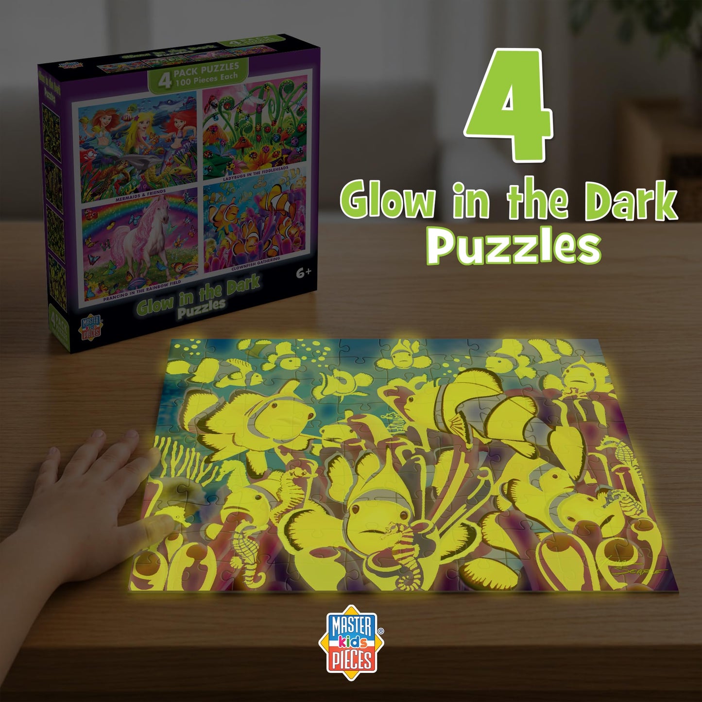 MasterPieces – Jigsaw Puzzle Set for Kids 6+ Years, 4-Pack of 100 Pieces, Educational and Fun Game, Purple Glow in the Dark Collection, Gift Idea for Children, 8" x 10