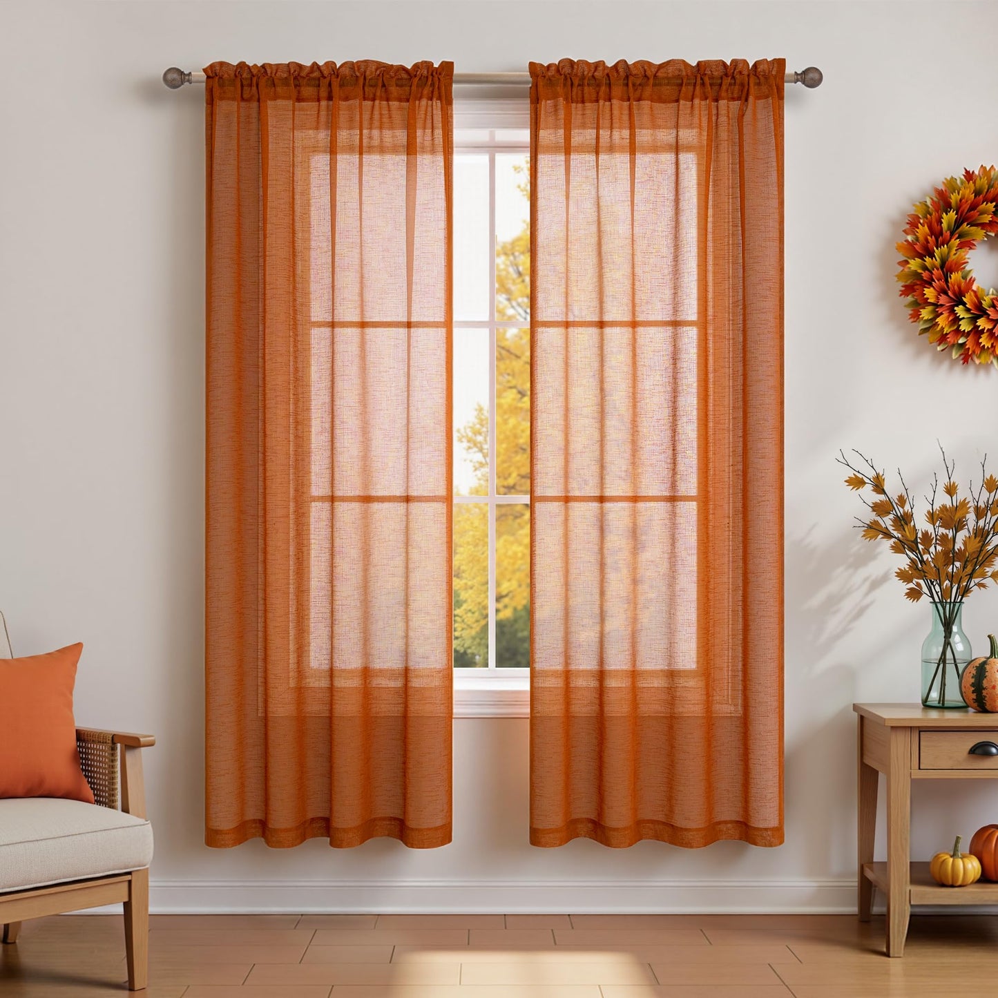 KOUFALL Burnt Orange Boho Sheer Curtains 63 Inch Length for Living Room 2 Panels Set Linen Bohemian Curtains for Bedroom