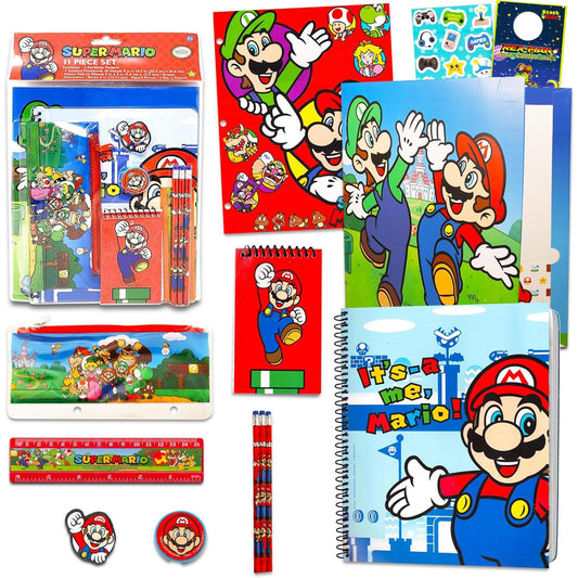 Super Mario Back to School Supplies Set - 13Pc Mario Folders, Notebook, Pencils, Stickers, and More | Mario Classroom Supplies for Boys Bundle