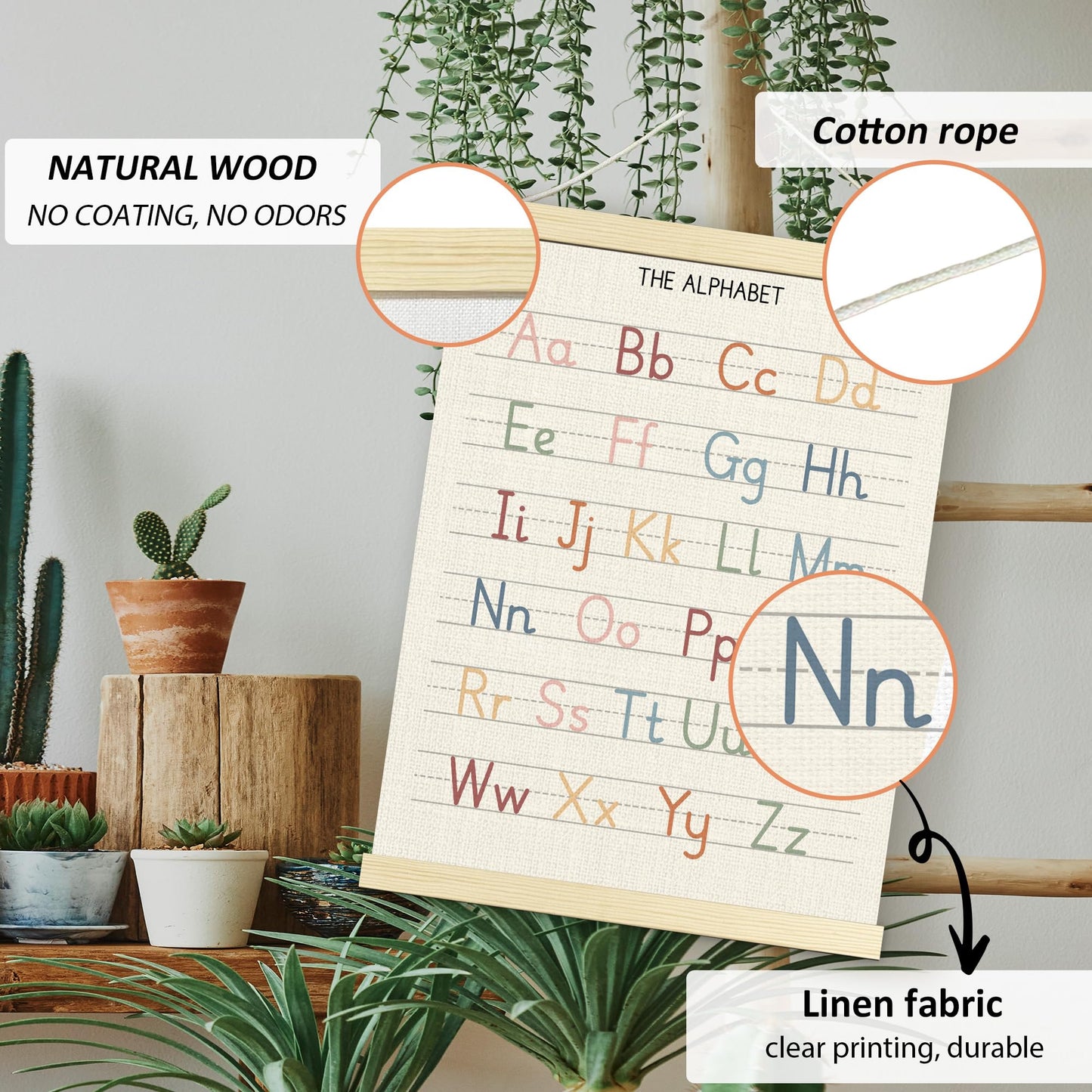 BONETAT Numbers alphabet poster for Nursery Toddlers, Play Room Wall Decor, ABC Wall Chart, Wall Hanging Decor for Toddler Playroom Decor Kids Wall Decor, Wooden Frame Alphabet Banner-A12