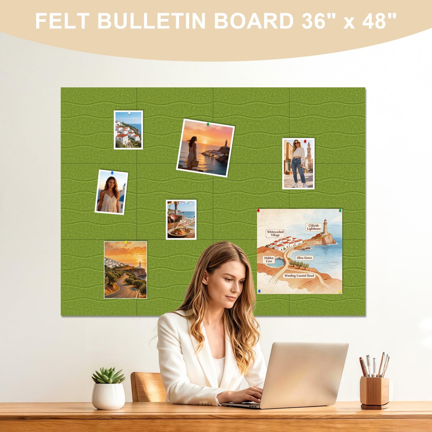 AKONEGE Felt Bulletin Board Tiles 12 Pack, 48" x 36" Cork Board Alternative, DIY Pin Board Wall Tiles for Photo Wall, Vision Board, Room & Home Office Decor, Stick-On with Adhesive Tabs, Forest Green