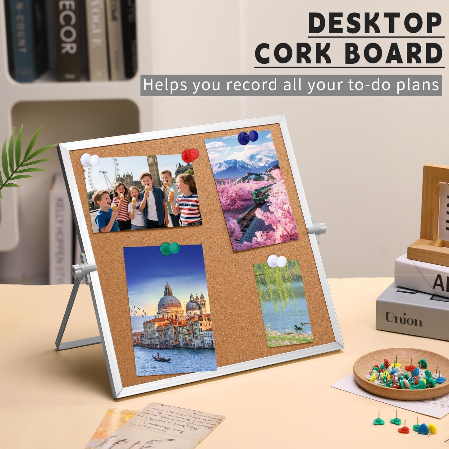 kdafio 11.81"×11.81" Cork Board Bulletin Board, Double Sided Pin Board with Silver Aluminum Border, Desktop Small Cork Board with Stand Suitable for Home, Office, Desk Message Board or Picture Board
