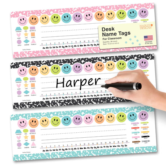 Hadley Designs Desk Name Tags for Classroom –25 Student Name Tags for Desks, 13x3 Name Plates for Classroom Decor, Teacher Supplies, Colorful Nametags, 1st-3rd Grade Kindergarten Preschool Must Haves