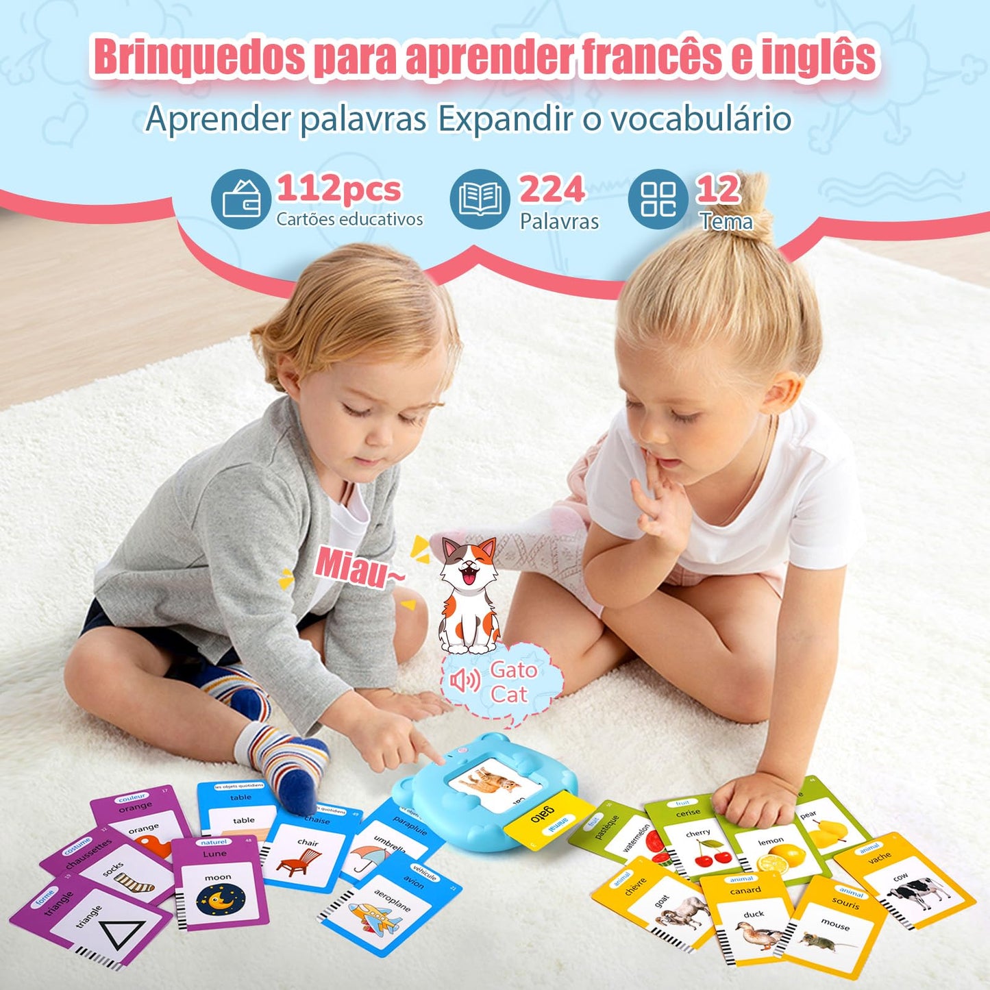 Portuguese (Brazil) & English Talking Flash Cards for Toddlers, Bilingual Flash Cards Learning Montessori Toys with 224 Sight Words, Speech Therapy Toys for Children Sensory Preschool Education Gifts