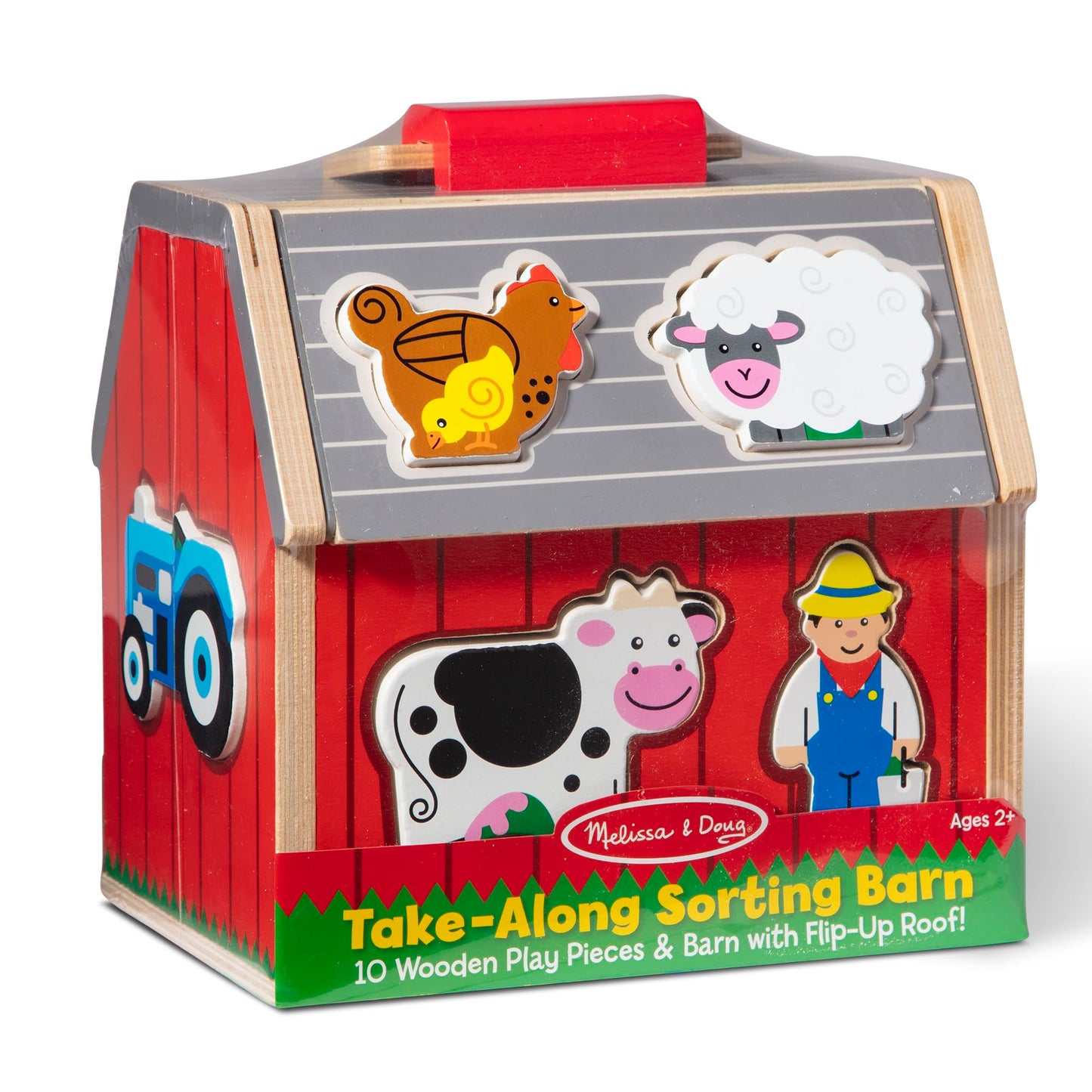 Melissa & Doug Take-Along Wooden Toy Barn, 11-Pc Portable Toddler Playset with Farm Animals & Pop-Up Roof, Preschool Learning Toys for Girls & Boys 2+