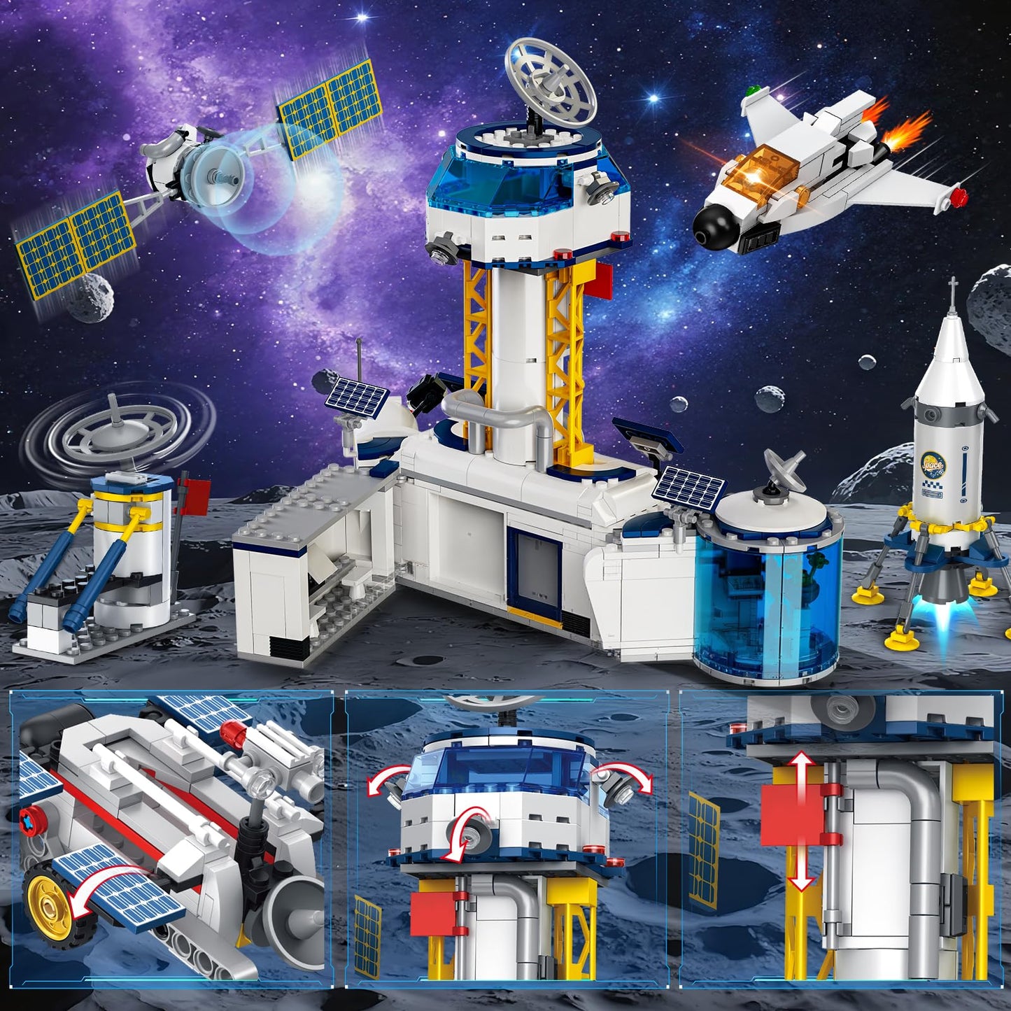 Sitodier Space Station and Rocket Launch Building Blocks Set, Space Exploration Toy for Creative Role Play, Explore Moon Bace Adventure Toy 1 Big and 6 Small Models for Kids Boys 7 8 9 10 11 12 13 14
