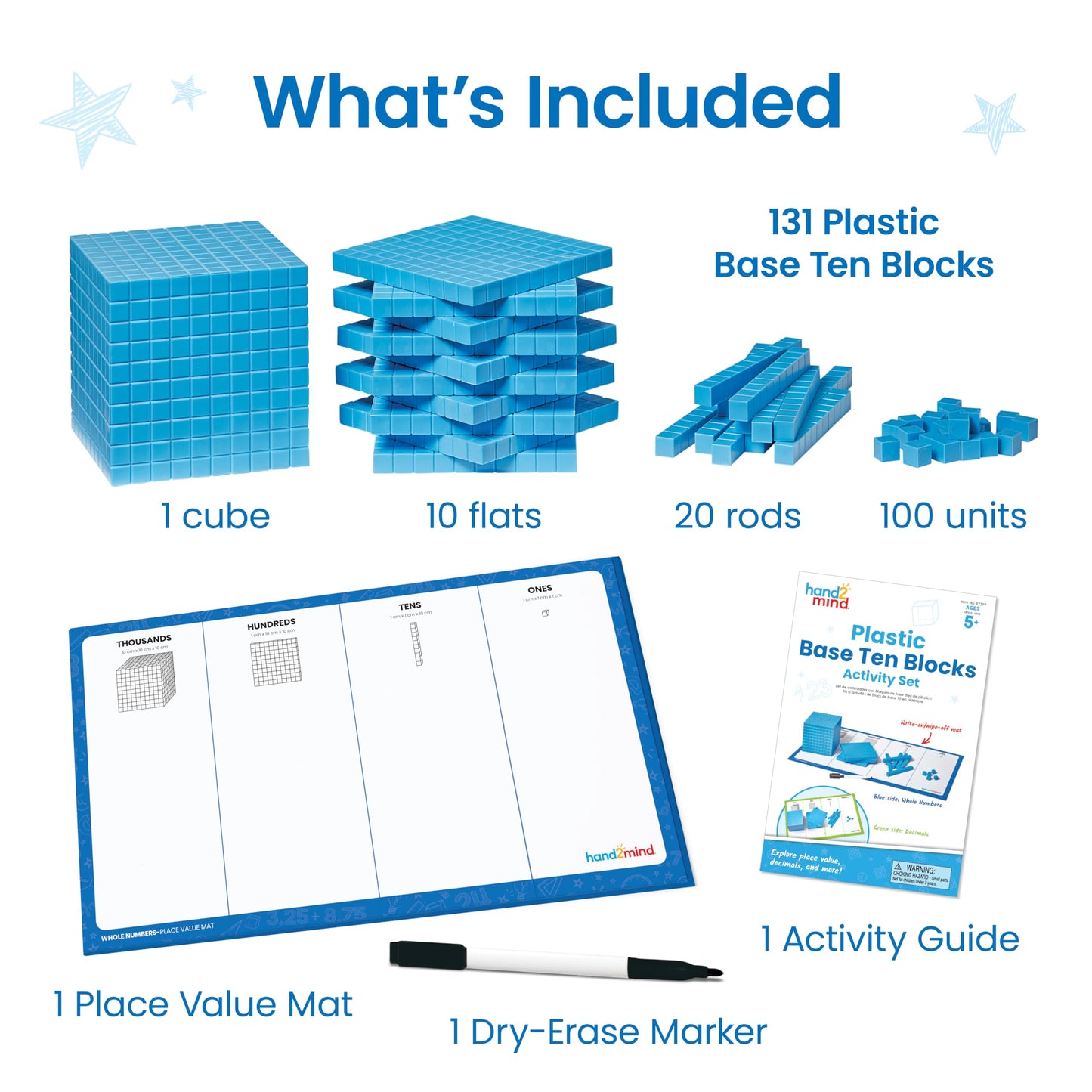 hand2mind Plastic Base Ten Blocks Activity Set, Place Value Manipulatives, Base 10 Blocks for Math, Counting Cubes, Math Manipulatives 1st Grade, Small Group Classroom Must Haves (133 Pieces)