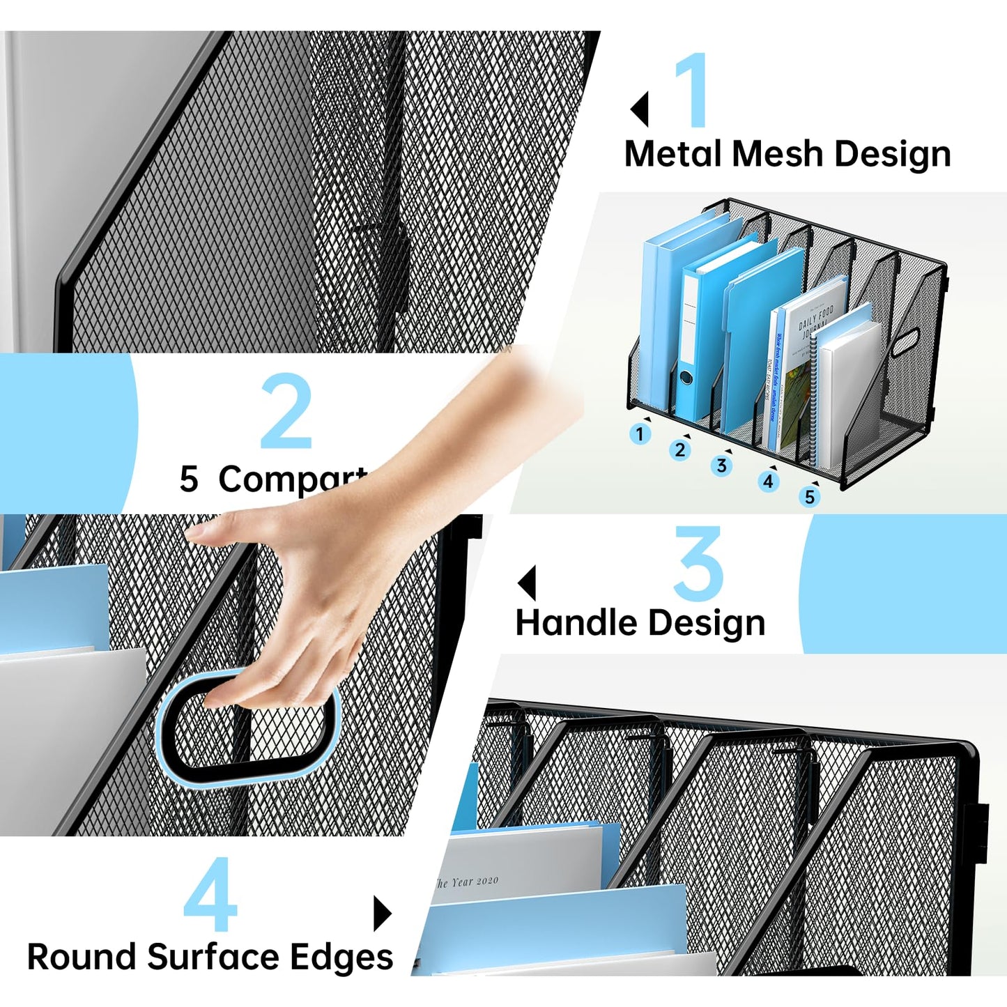 MINDEPOT Desk File Organizer Metal Desk Magazine Folder Holder with 5 Vertical Compartments Rack File Organizer for Office, Home, School, Black