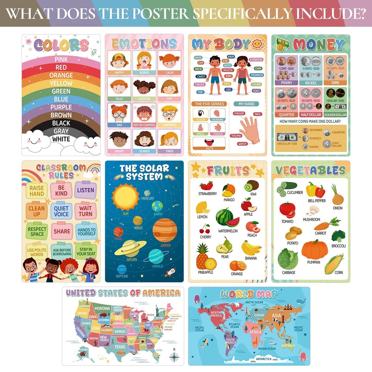 KONVINIT 18 Pack Educational Posters for Classroom Must Haves, Boho Learning Posters For Toddlers 1-3 with PET Lamination, Toddler Learning Posters - Kindergarten & Preschool Classroom Decor School Supplies For Kids