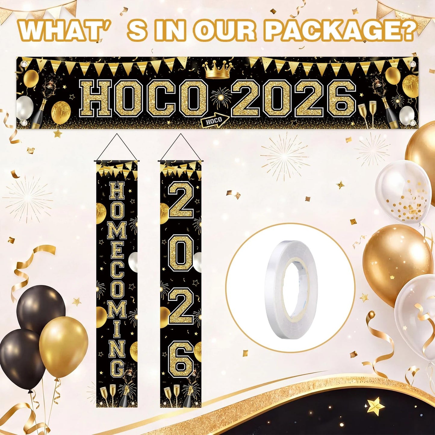 Fanfanwin 3 Pcs Hoco 2026 Banner Decorations for Hoco Party 2026 Black and Gold Homecoming 2026 Banner Yard Decorations for Homecoming Dance Party Background Supply