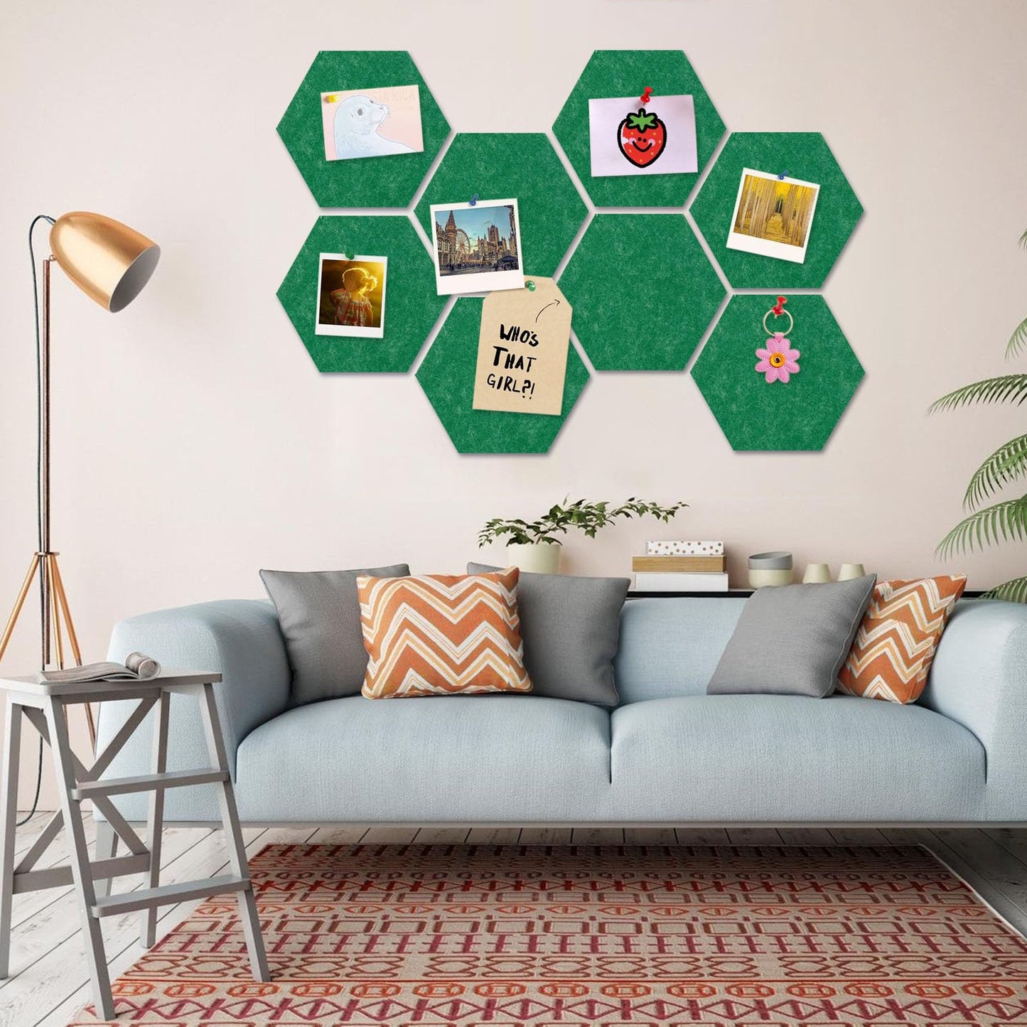 8 Packs Green Hexagon Felt Pin Board, 12" Bulletin Board with 30 Push Pins, Felt Board for Home Kitchen Office Decor, Self-Adhesive Corkboard Tiles for Walls Classroom Message Photos Memos Display