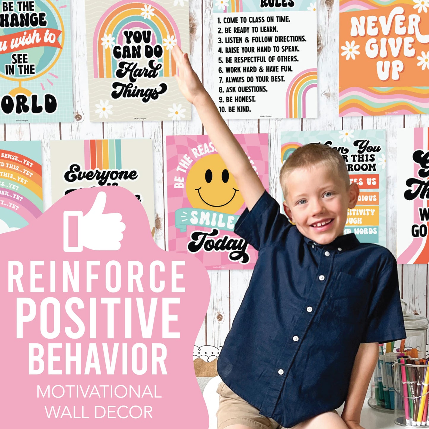 Hadley Designs Motivational Poster for Classroom Decor - 9 Growth Mindset Classroom Posters Elementary, Inspirational Wall Decor Middle School, Teacher Must Haves, Retro Bulletin Board Decorations