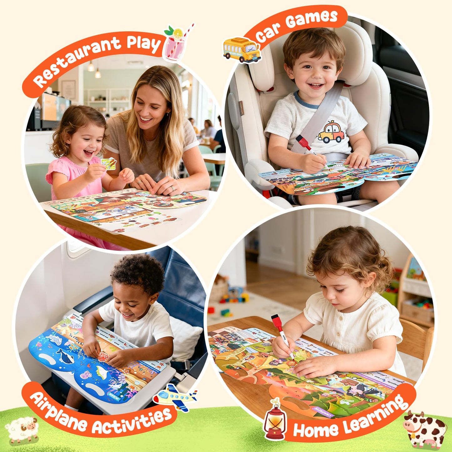 JoyCat Reusable Sticker Book Set (4-Pack), Kids Sticker Activity Books, 120+ Stickers for Toddlers, Travel Toys for Car Airplane Road Trips, Preschool Educational Learning Gifts for Boys Girls