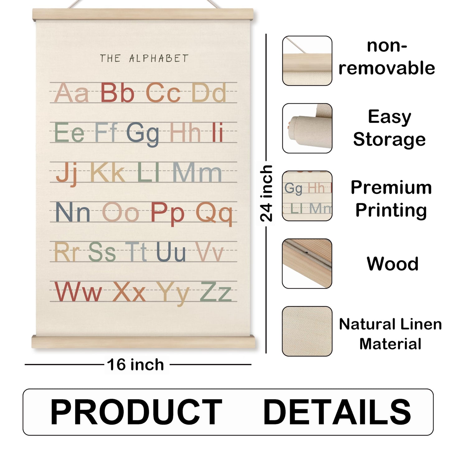 HRQKO Alphabet Numbers Poster Hanger Frame Set of 2, Nursery Wall Decor, Boho ABC Poster Wall Art with Wooden Frames, Alphabet Banner Wall Hanging Decor for Toddler Playroom Nursery, 16x24 Inch