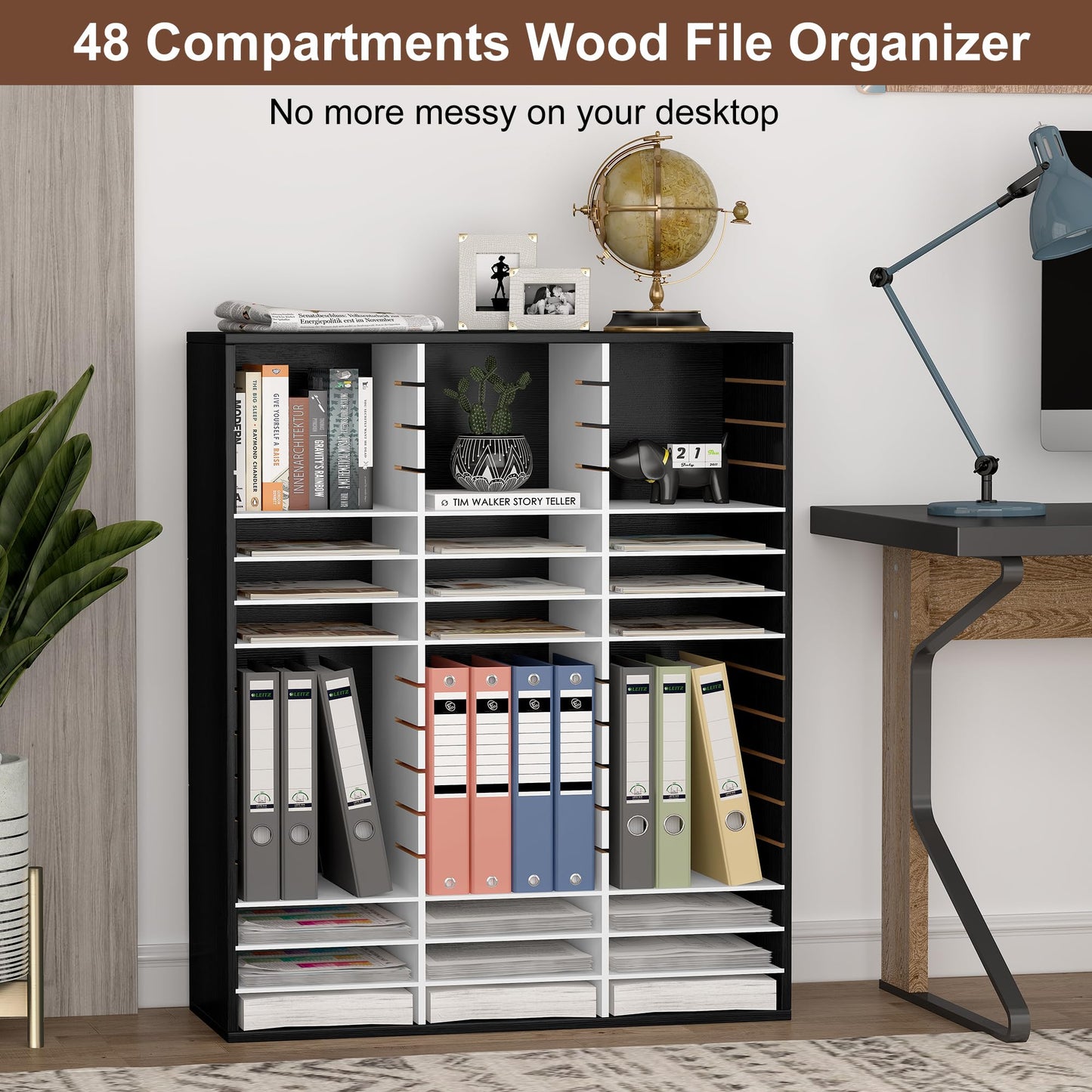EasyPAG Wooden Literature Organizer with Adjustable Shelves, 48 Compartments Office Paper Organizer Storage 24000 Sheets Letter Size Paper, Student Mailbox for Classroom, Black/White