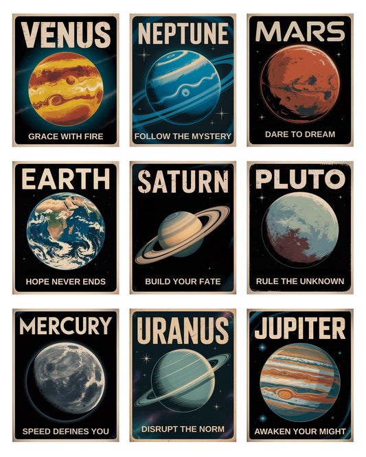 Space Poster Set of 9 – 8x10 Inch Unframed Planet Wall Art – Vintage Solar System Prints for Kids, Teens, Home or Classroom Decor – Inspirational Galaxy Room Decorations