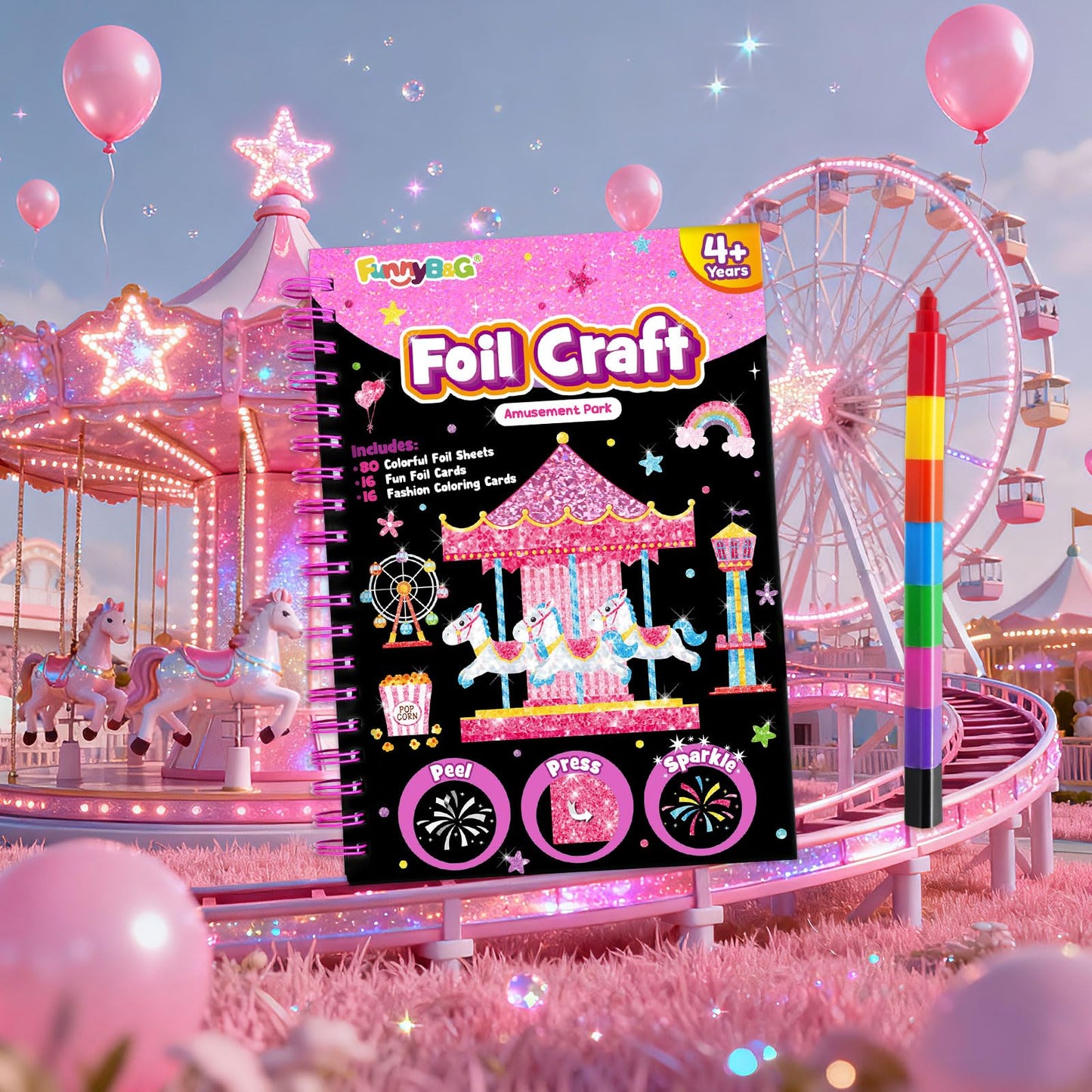 FUNNYB&G Foil Art Craft Kit for Girls 4-10 Years Old: Mess-Free & No-Glue, Create 16 Sparkly Amusement Park Pictures – Perfect Travel Toy & Birthday Gift for Kids （Amusement Park）