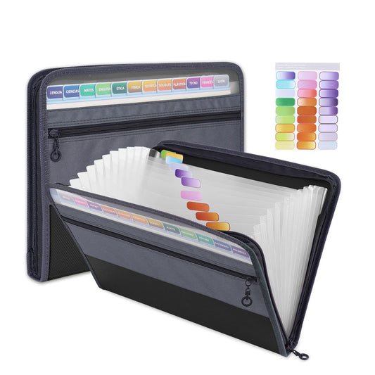 MEGREZ Expanding File Folder with 13 Pockets, A4 Paper File Folder with Zipper Color Labels, Waterproof Accordion File Folder Organizer for Home Office, Black