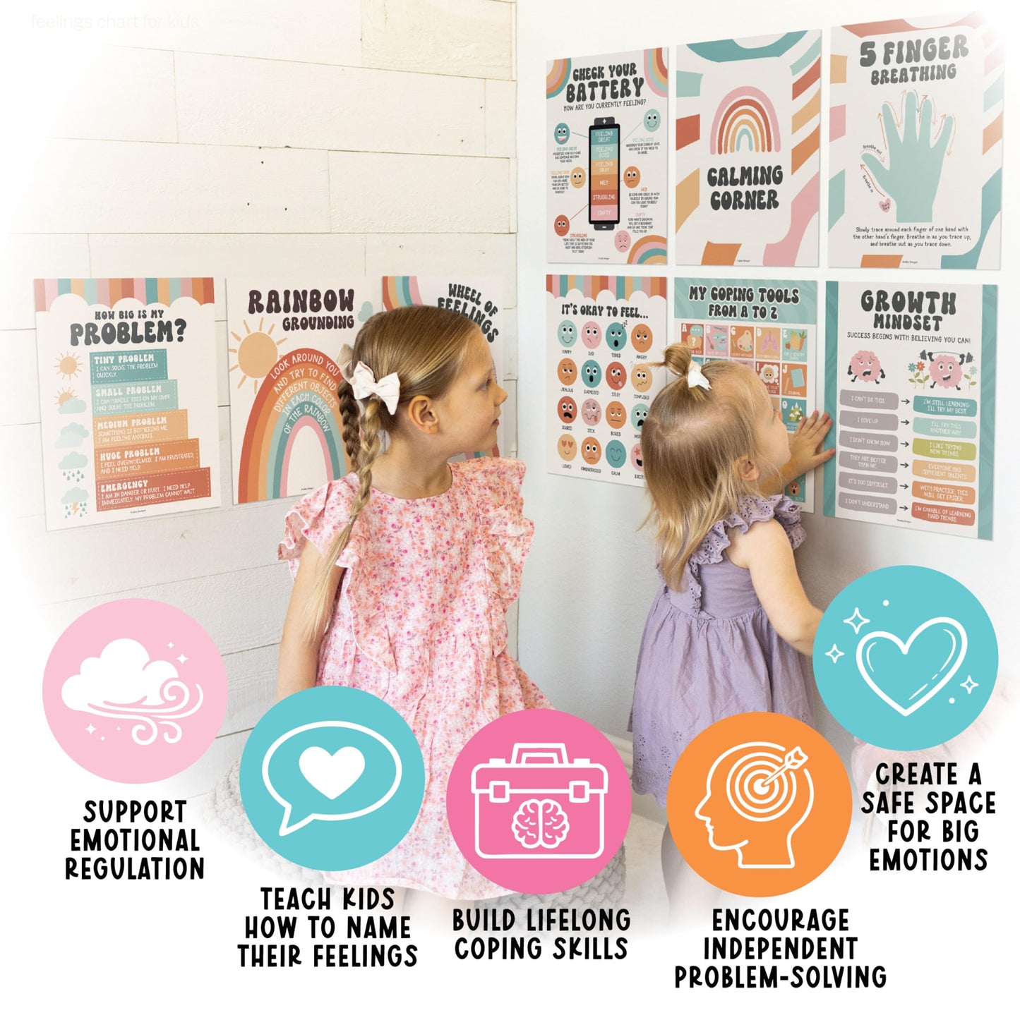 Hadley Designs 9 Calming Corner Posters for Classroom Must Haves - Calm Down Corner Supplies with Emotions Chart, School Counselor Mental Health Poster, Feelings Chart For Kids, Retro Classroom Decor