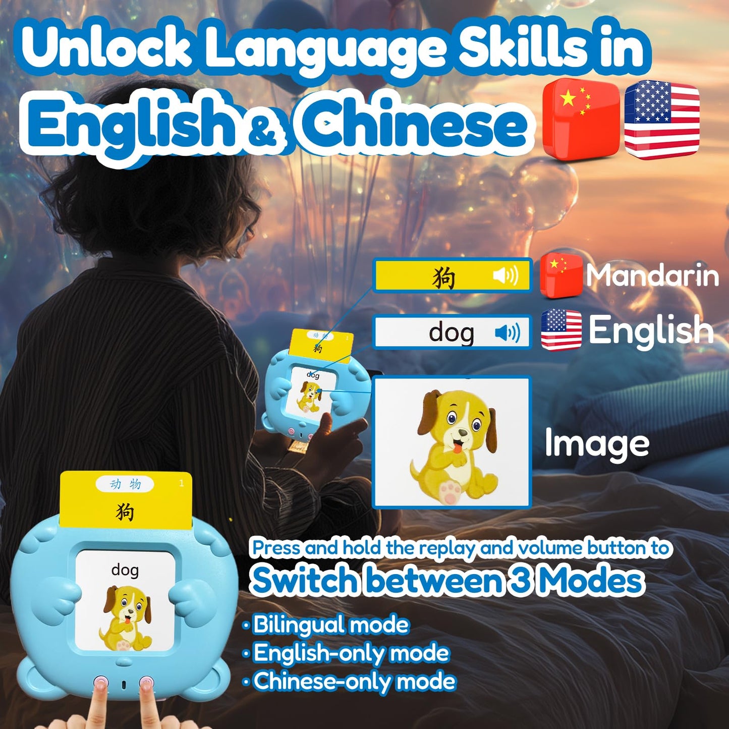 MoLingvora Bilingual Talking Flash Cards for Kids - Mandarin English Flashcards Children Adults, 510 Sight Words, ABC Alphabet, Pocket Speech for Toddlers, Audible Sensory Toys (Chinese, Blue)