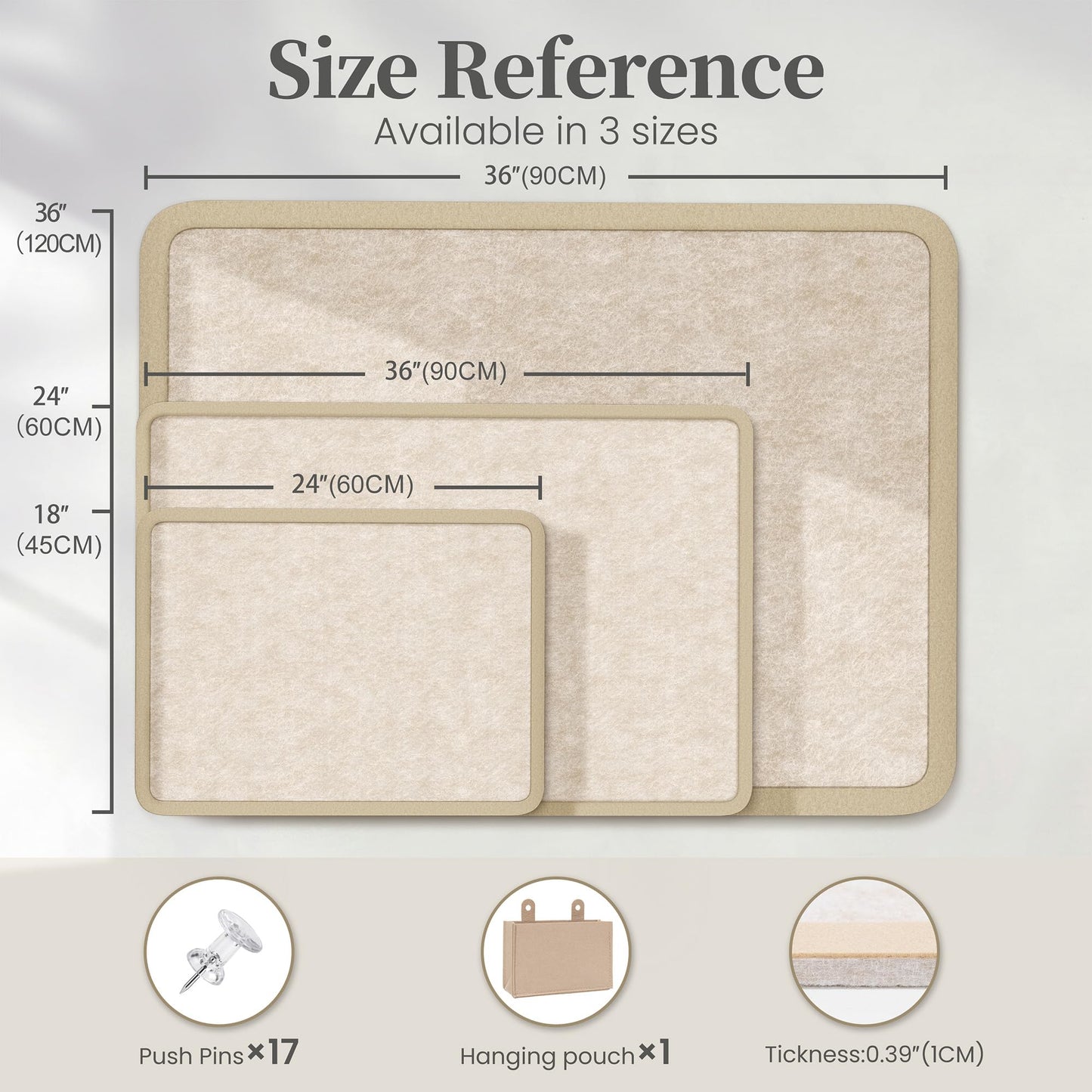 KERRAM Bulletin Board, 48 x 36 inches Decorative Felt Board Foldable Photo Board Pin Boards, Cork Board Alternative for Walls, Office, Home, Classroom with Pushpins ＆ Small Storage Bag, Beige