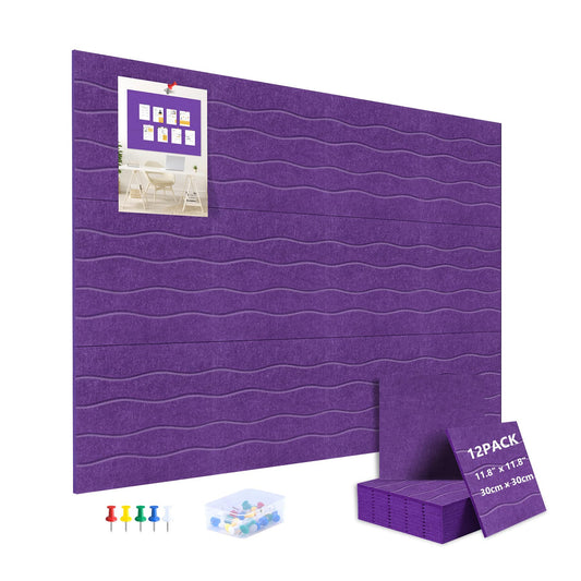 AKONEGE Felt Bulletin Board Tiles 12 Pack, 48" x 36" Cork Board Alternative, DIY Pin Board Wall Tiles for Photo Wall, Vision Board, Dorm Room & Home Office Decor, Stick-On with Adhesive Tabs, Violet