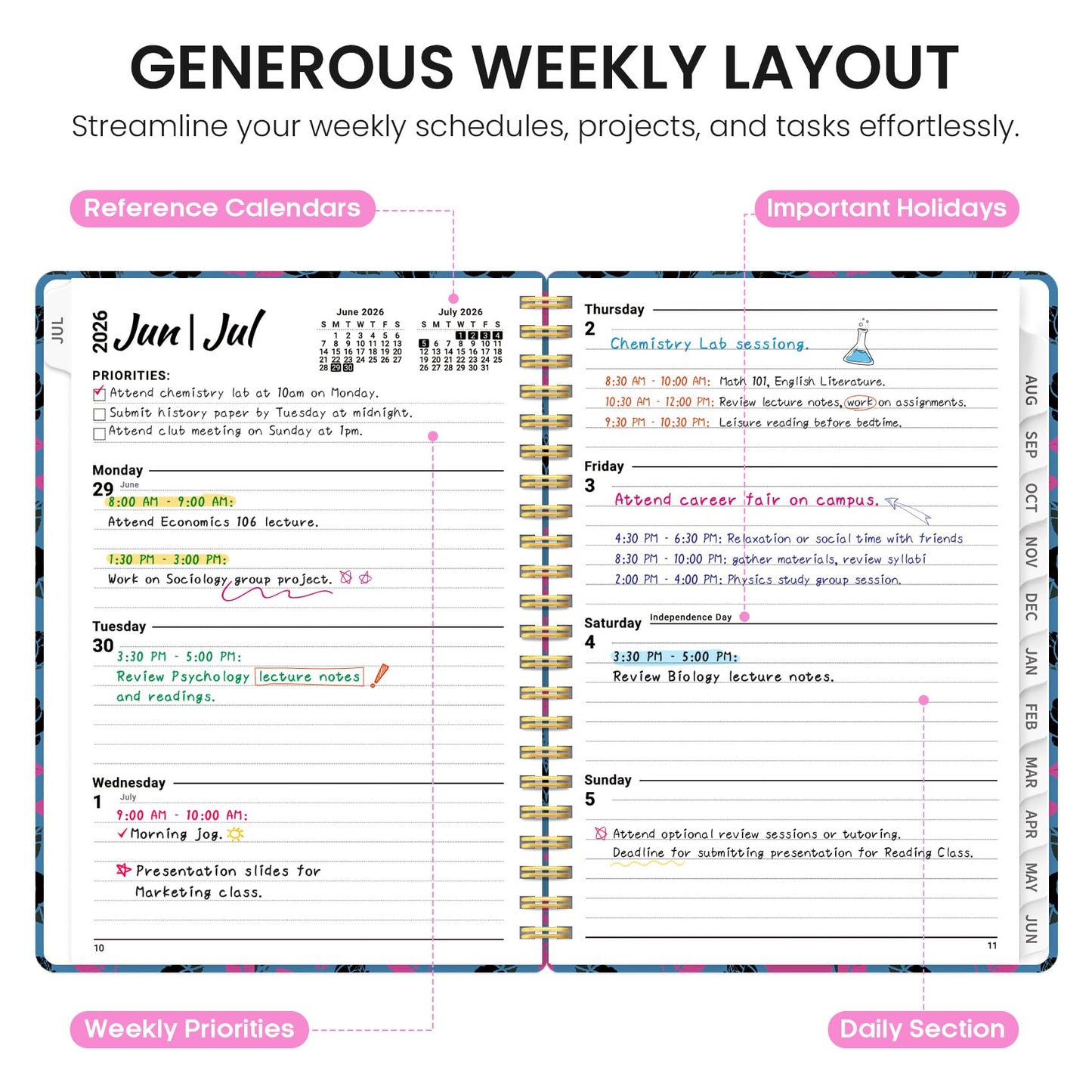 Planner 2026–2027, Weekly & Monthly Academic Organizer for School Year, Jul 2026–Jun 2027, Hardcover Planner with Tabs, Back to School Essential, 6.3" x 8.5", Midnight Roses