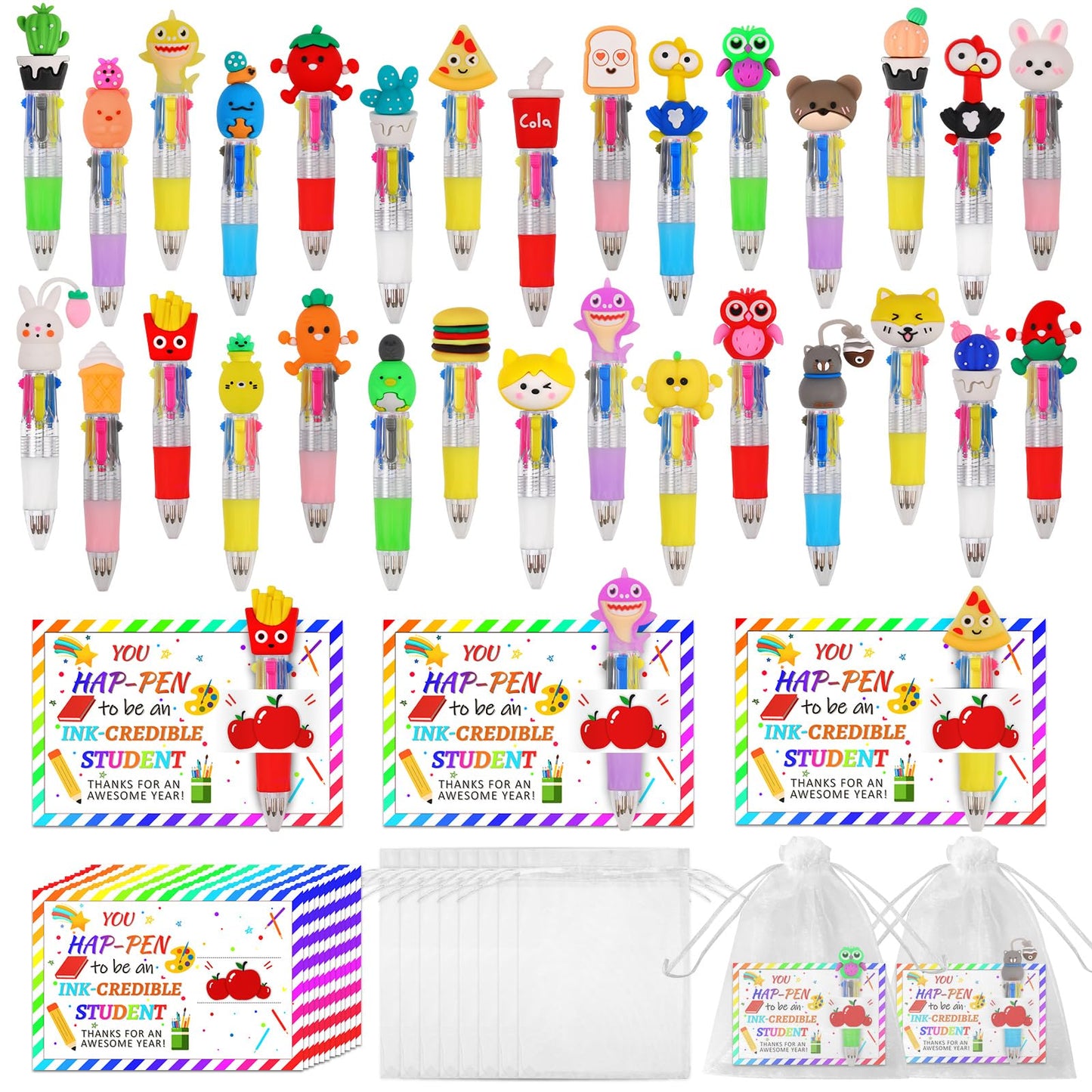 CZWZ 30 Set Cute Multicolor Pens in One 4-in-1 Fun Pens Bulk with 30 Gift Cards for Kindergarten Party End of Year Student Gift Bulk Office School Exchange Gifts