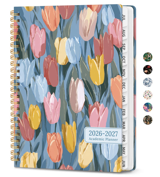 Academic Planner 2026-2027, Monthly and Weekly Calendar Planner, July 2026 - June 2027, Pretty Hardcover Teacher Student Planning Agenda Book with Tabs, Fit for School Office Supplies, 6.3" x 8.5", Soft Tulips