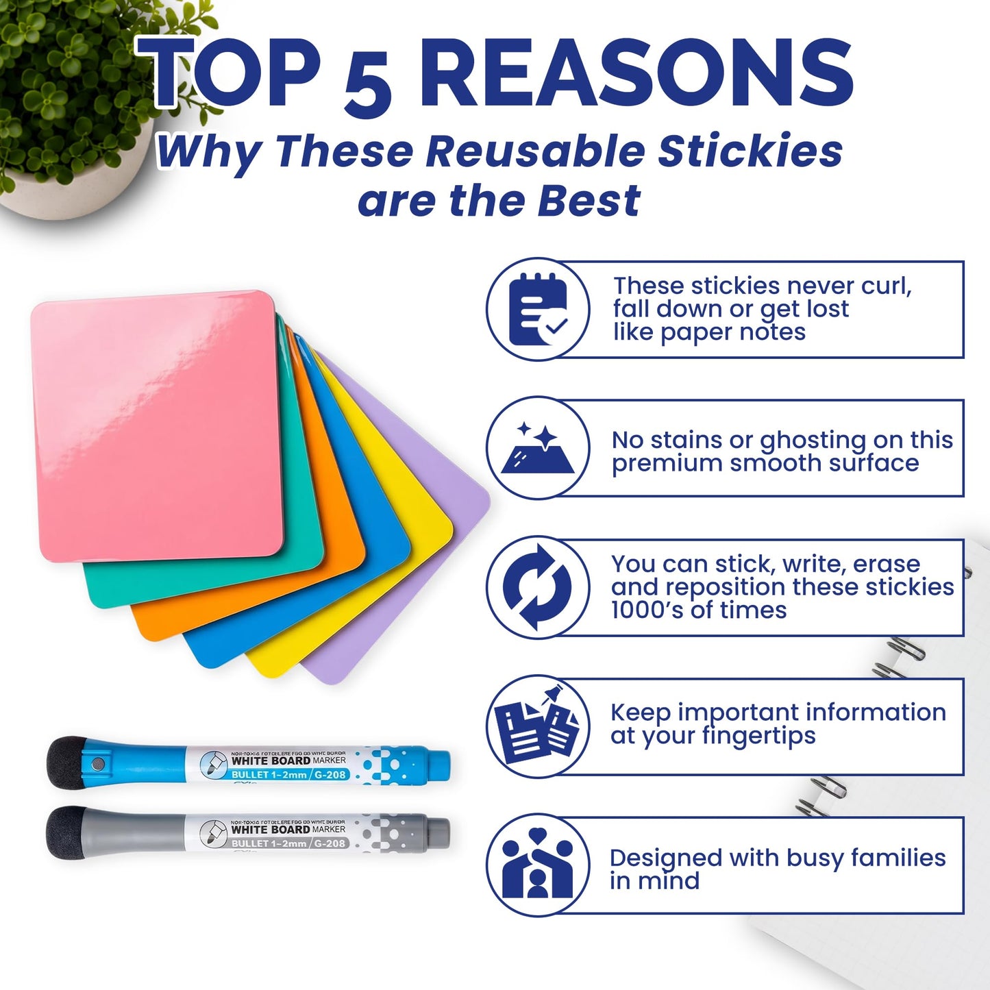 Dry Erase Sticky Notes, Reusable 6-Pack (4x4”) – Mini Whiteboard Stickers with 2 Magnetic Fine-Tip Markers – Removable, No Residue – for Fridge, Office, Classroom & Home
