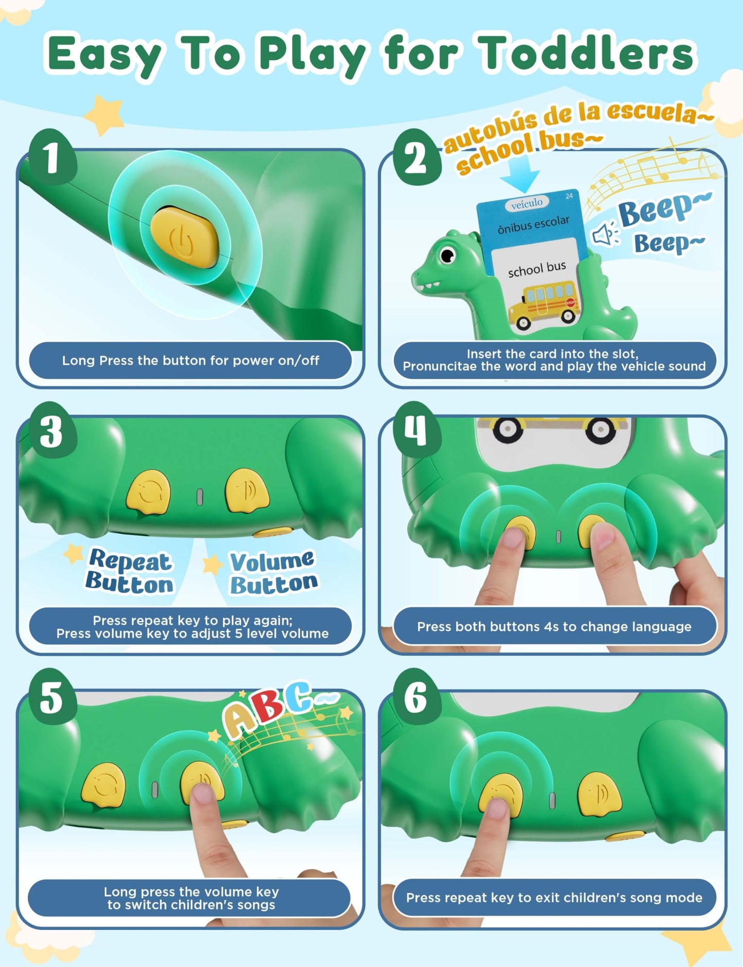 Portuguese and English Talking Flash Cards for Kids, 510 Sight Words Bilingual Learning Toys for Toddlers, Brazilian Portuguese Alphabet Flashcards Pocket Speech Therapy Toys, Dinosaur Shaped