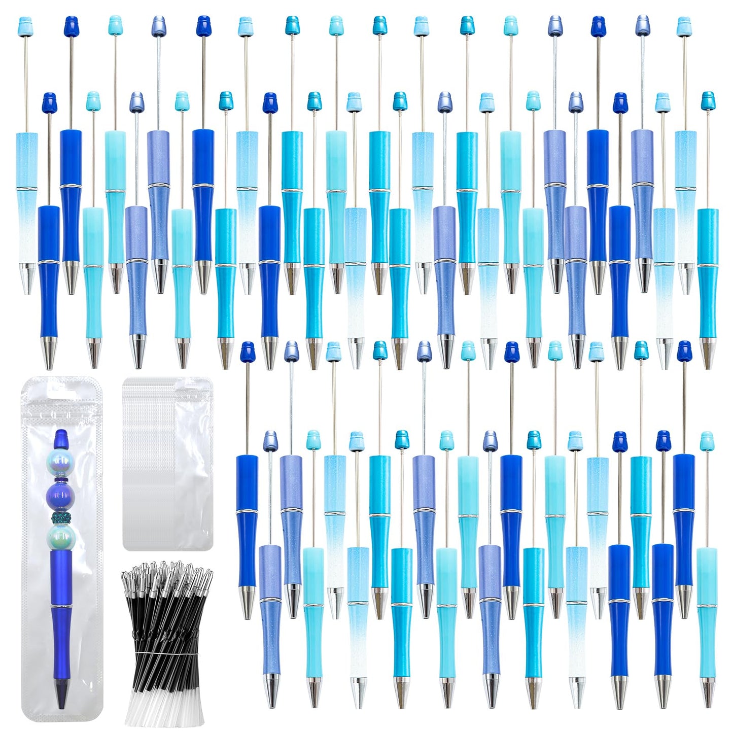 DASTTUIS 150 Pieces DIY Beadable Pen Kit – 50 Plastic Ballpoint Pens with Refills & Bags – School Supplies, Office Accessories & Decorative Items for Students & Teachers (Blue)