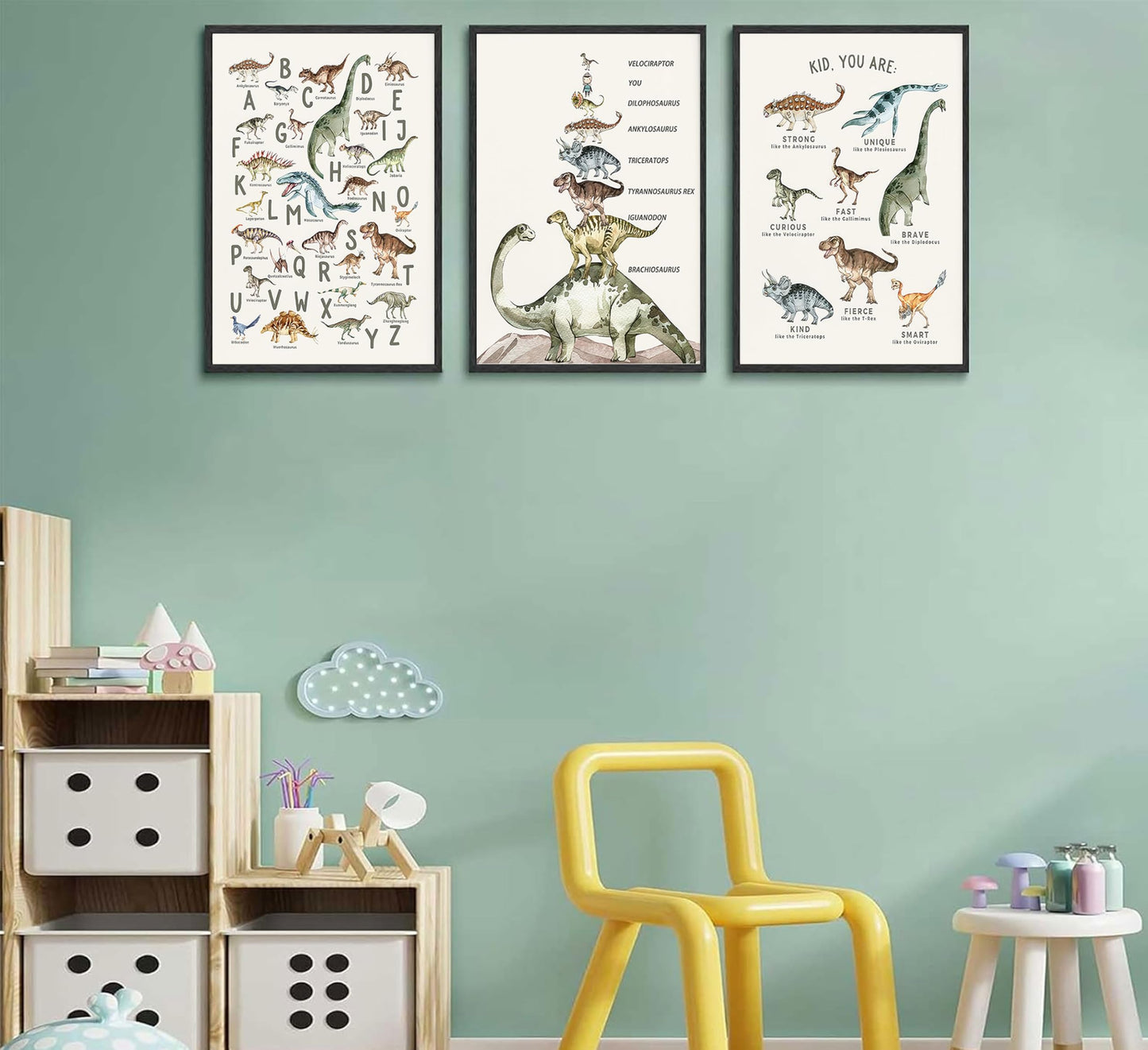 3Pcs Kids Dinosaur Species Wall Art Dinosaur Alphabet Canvas Painting Boys Room Wall Decor Tyrannosaurus Encyclopedia Educational Posters Prints Teen Cool Pictures for Home Classroom Nursery Unframed
