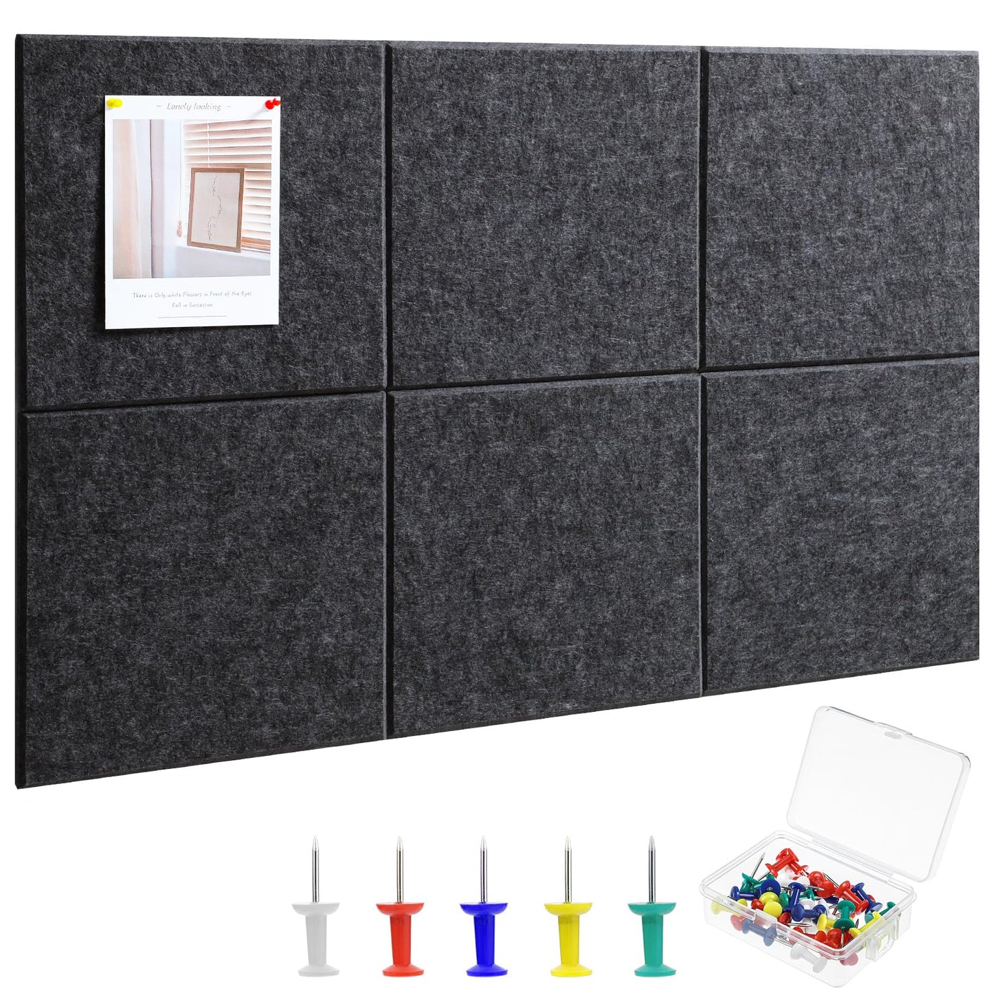 Large Cork Board 36" x 24", 6 Pack Felt Bulletin Board with 30 Pushpins, Cork Boards Alternative with Self-Adhesive Strips, Felt Wall Tiles Pin Boards for Walls Office Home School Decor-Dark Gray