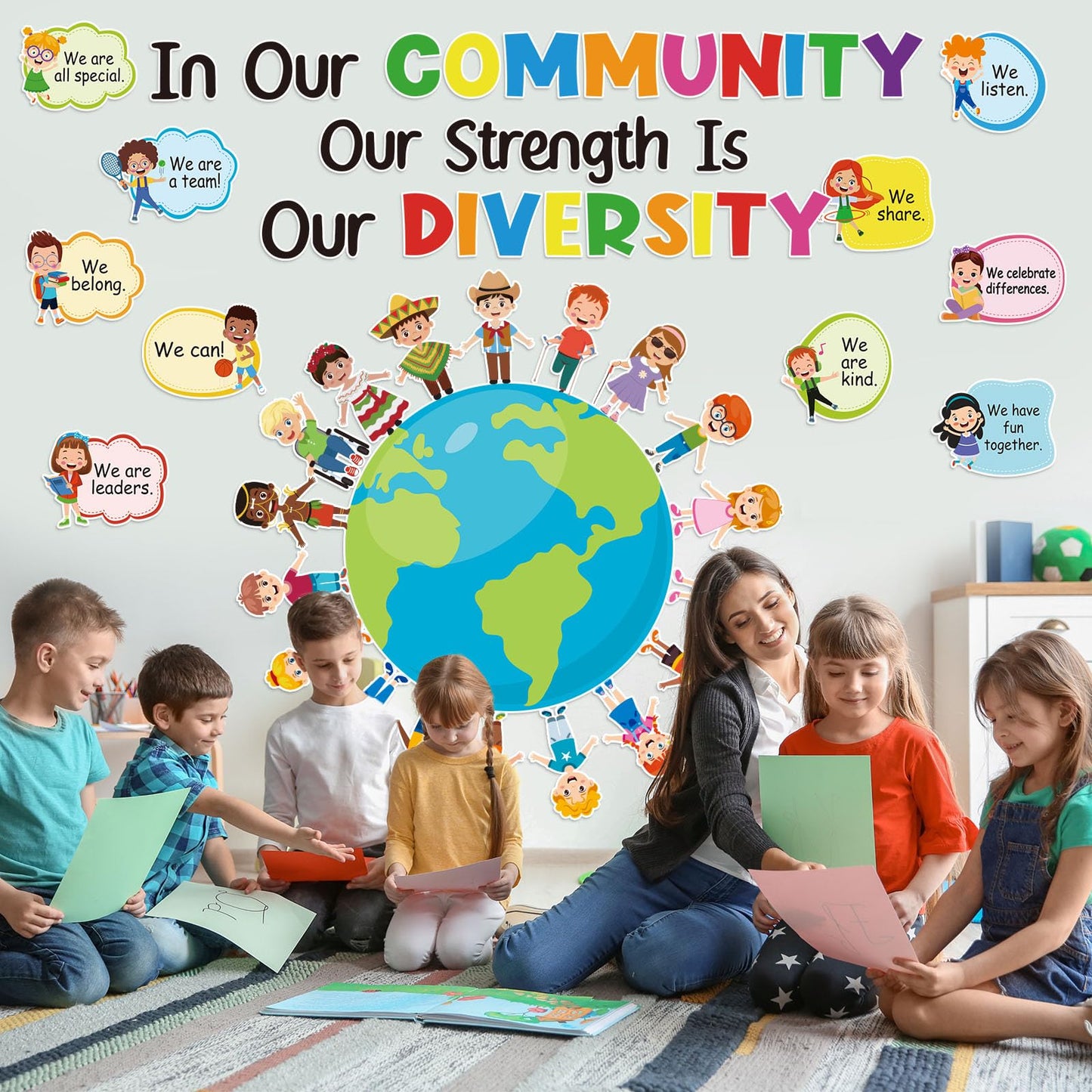 HIQINLUG Diversity Strength Bulletin Board Decorations Set - Diversity Classroom Decor, Multicultural Bulletin Board, Earth Day Classroom Decor, Paper Cutouts, Wall Art
