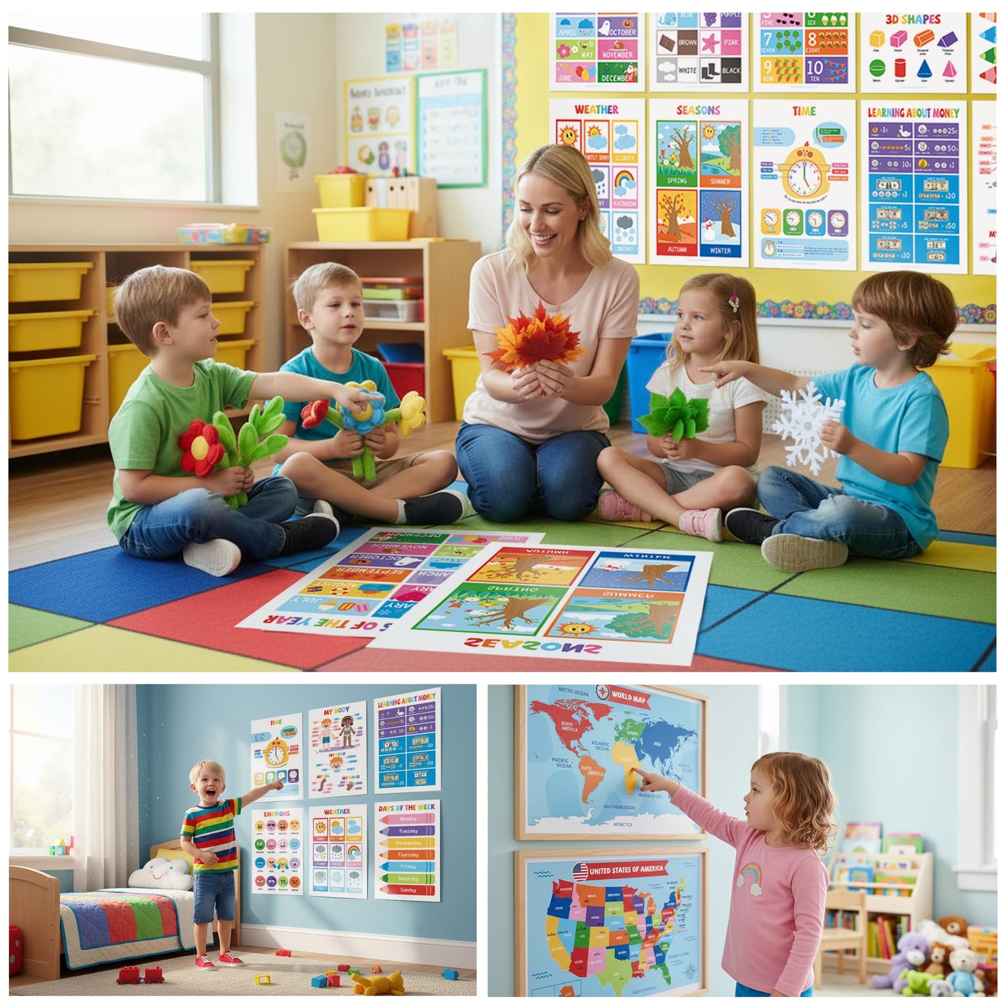 UNCLE WU 16 Pack Laminated Educational Posters for Toddlers, 17 x 11 Preschool Classroom Posters with ABC Alphabet, Numbers 1-100, Shapes, Colors, USA & World Maps, Homeschool Supplies
