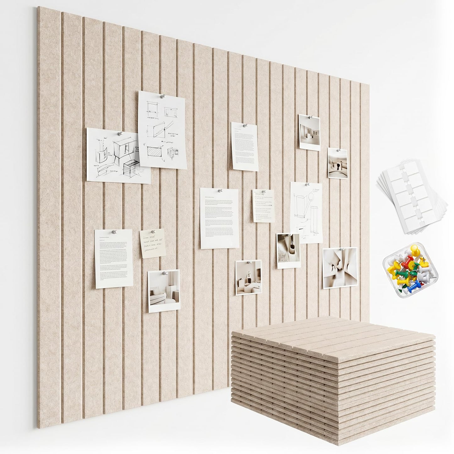 59 x 36 Felt Bulletin Board Tiles - 15 Pack 150g High-Density Sound Absorbing Panels, Slat Wall Cork Board Alternative for Office & Home, Includes 30 Pushpins & 75 Adhesive Tabs, Oatmeal