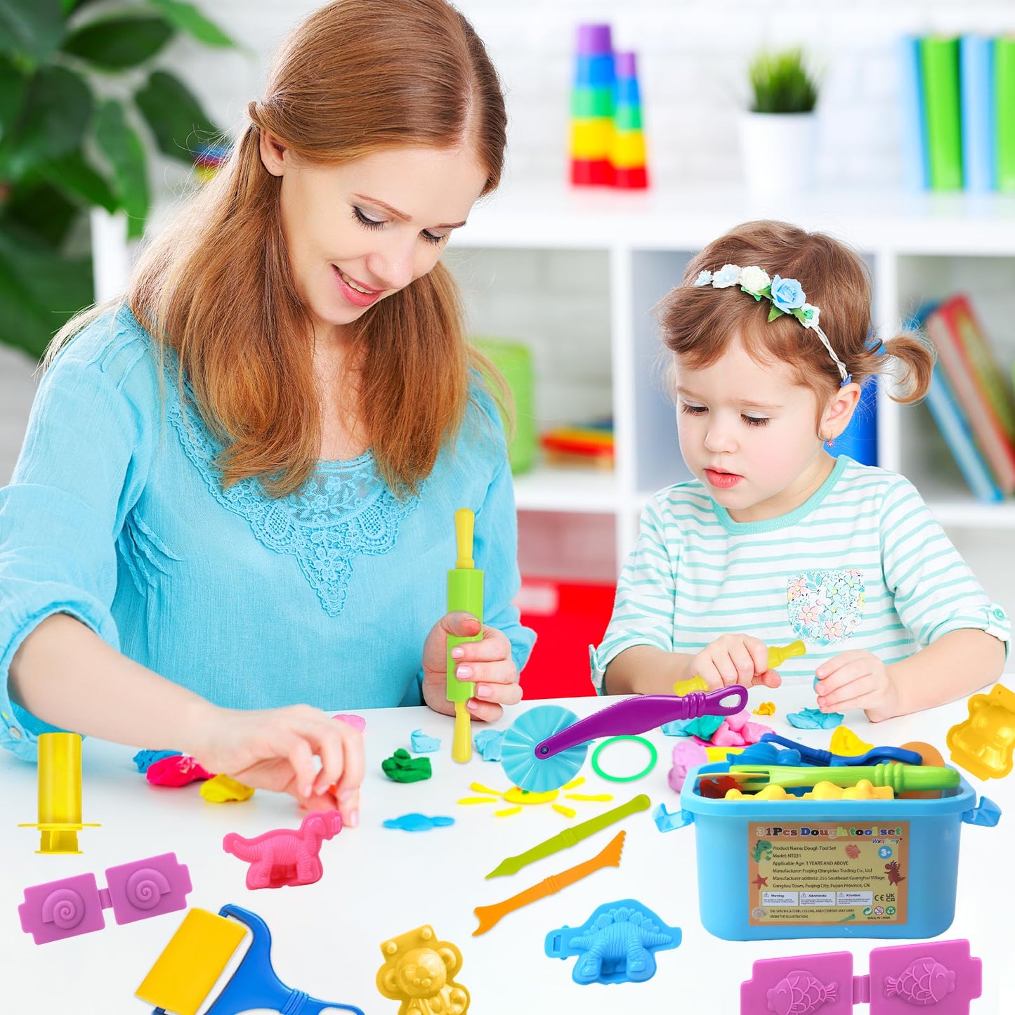 Dough Tool Set, 31 Pcs Basic Dough Tools Kits for Kids, Dough Accessories Includes Storage Container, Mat, 3D Animal, Cutters Roller, Rolling Pins, Safety Scissors