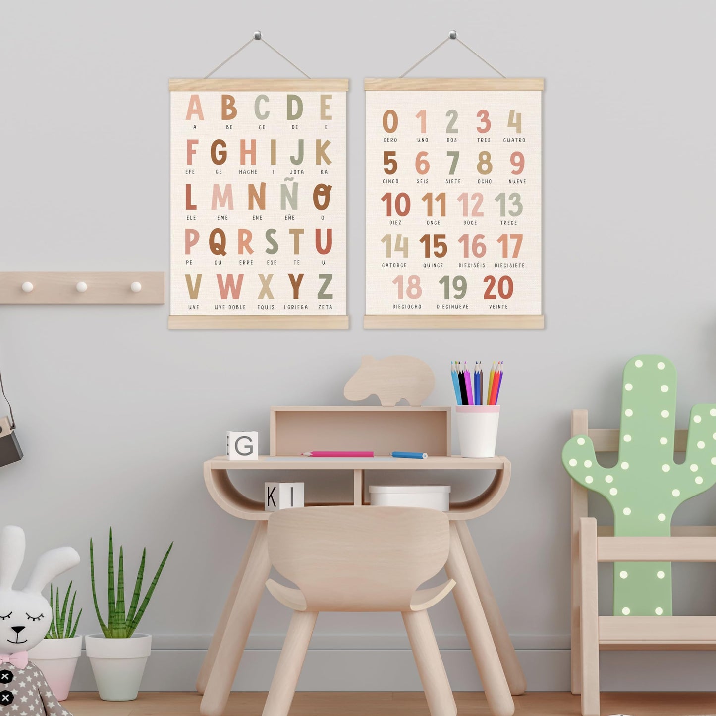 Alphabet Numbers Poster Hanger Frame Set of 2, Nursery Wall Decor, Boho ABC Poster Wall Art with Wooden Frames, Alphabet Banner Wall Hanging Decor for Boy Toddler Room Playroom, 12x16 Inch