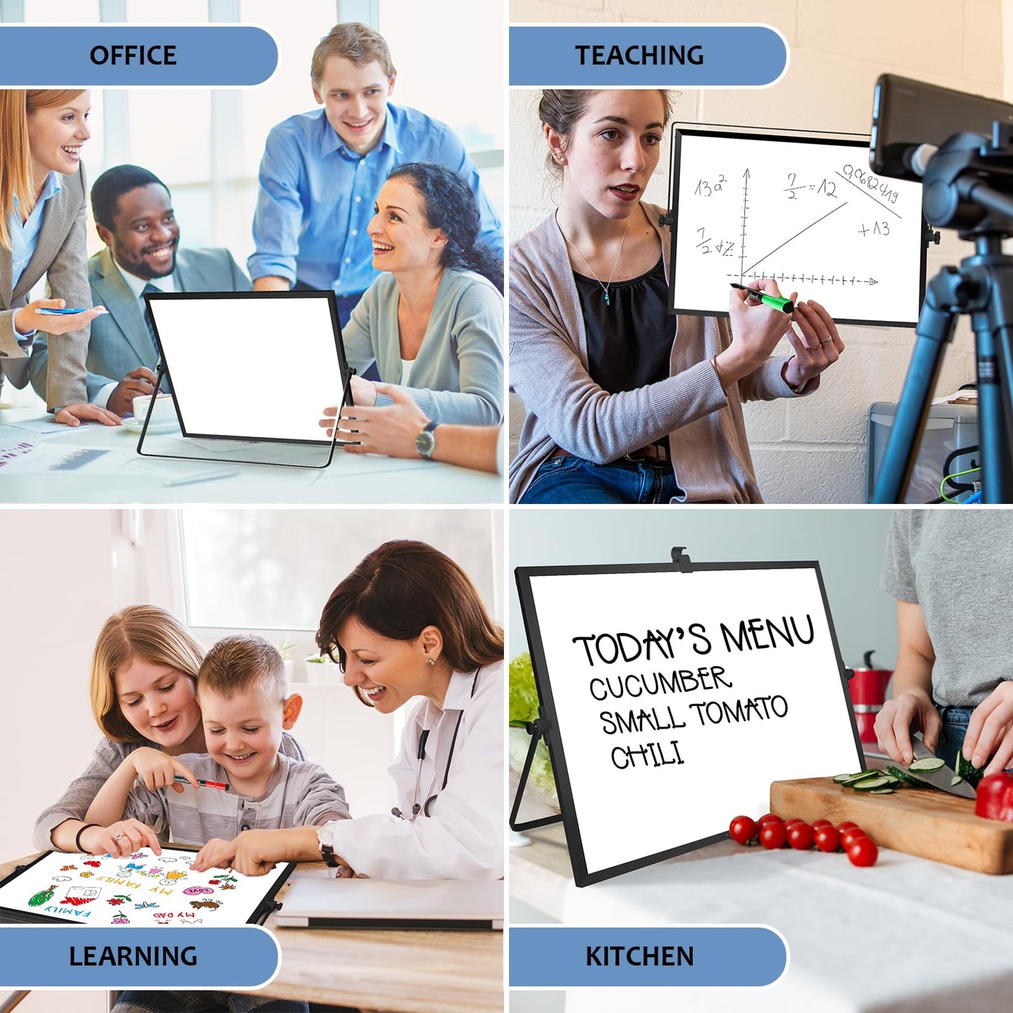 Dry Erase White Board, 16x12 Inches Double-Sided Desktop Whiteboard with Stand, Portable Whiteboard with Markers, Magnets, Eraser, Magnetic White Board Easel for Office Home Memo to Do List, Black