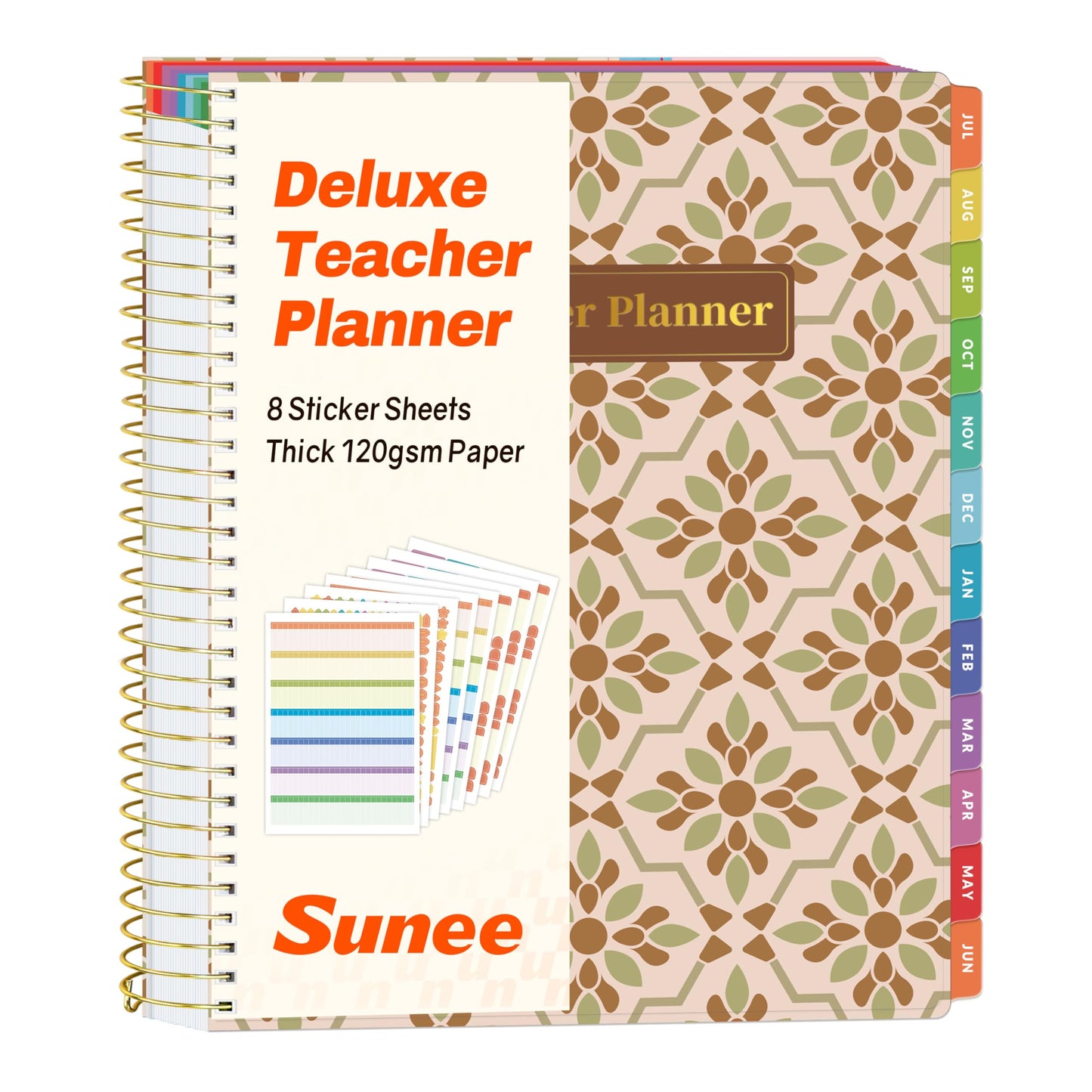SUNEE Deluxe Teacher Planner 2026-2027, Lesson Planner Book with 7 Periods Jul 2026 - Jun 2027, 8.5" x 11" Weekly and Monthly Organizers with Colorful Tabs, Planning Stickers,120gms Paper,Retro Floral