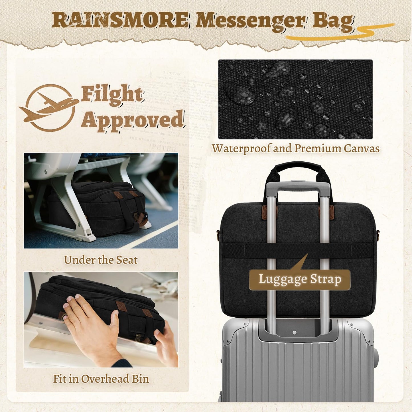 Mens Laptop Messenger Bag 15.6 Inch Canvas Briefcase Waterproof Vintage Computer Bag Shoulder Bag Satchel Bags for Work College Travel